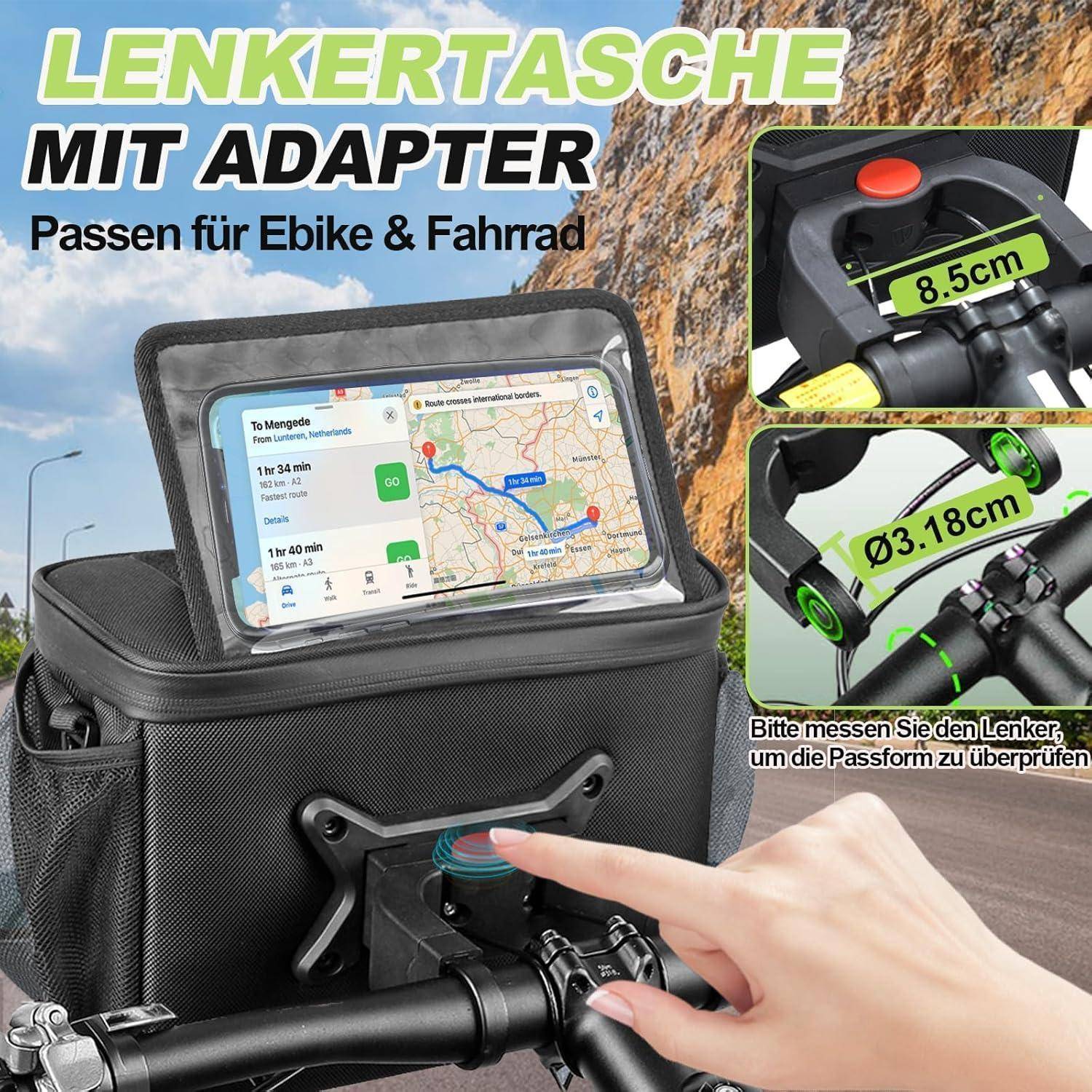 Fahrrad-Lenkertasche mit Adapter, geeignet für E-Bikes und Fahrräder. Mit Kartendisplay-Bildschirm und Maßangaben zur Befestigung.
