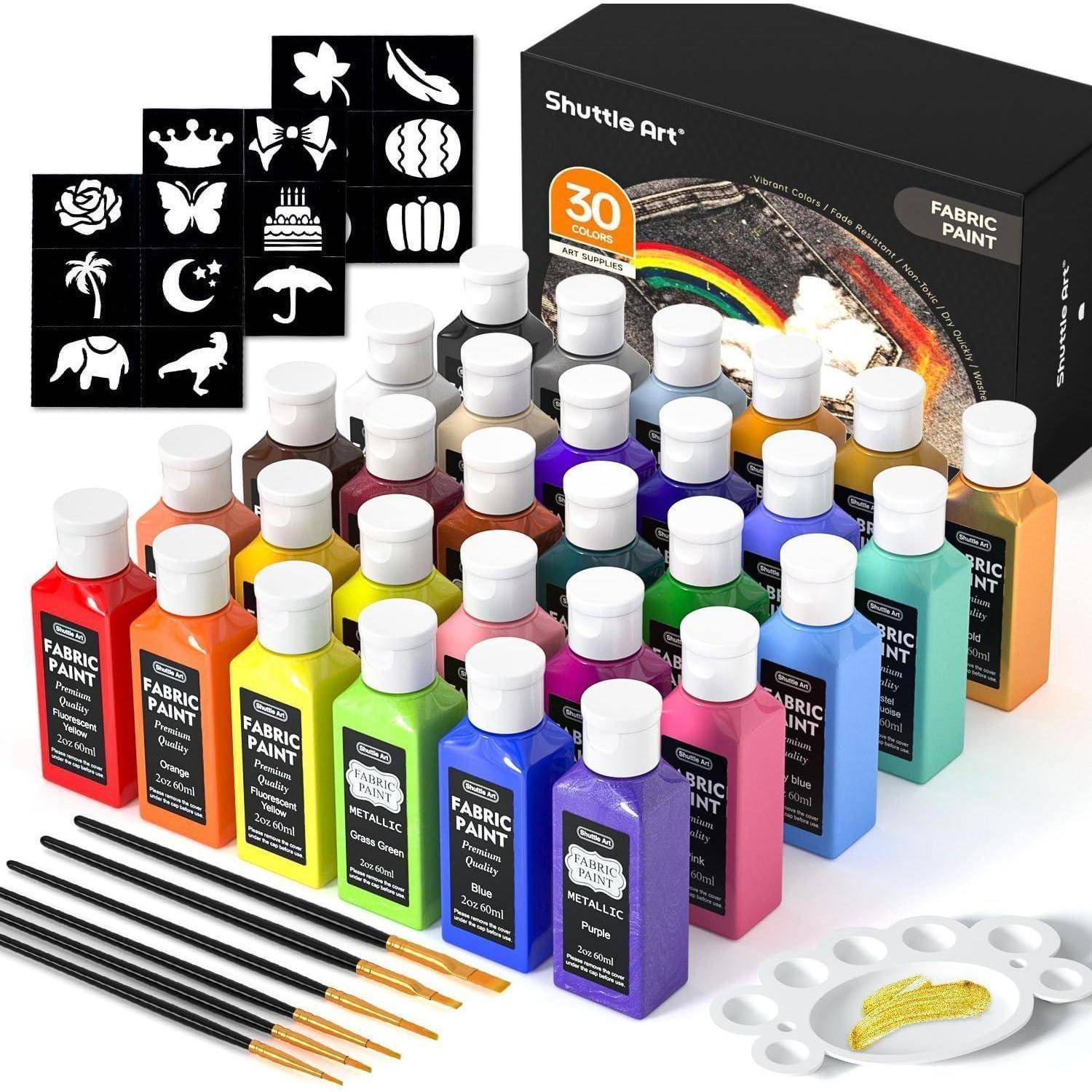 30 Textilfarben Set 60ml inkl. Pinseln & Vorlagen, waschmaschinenfest
