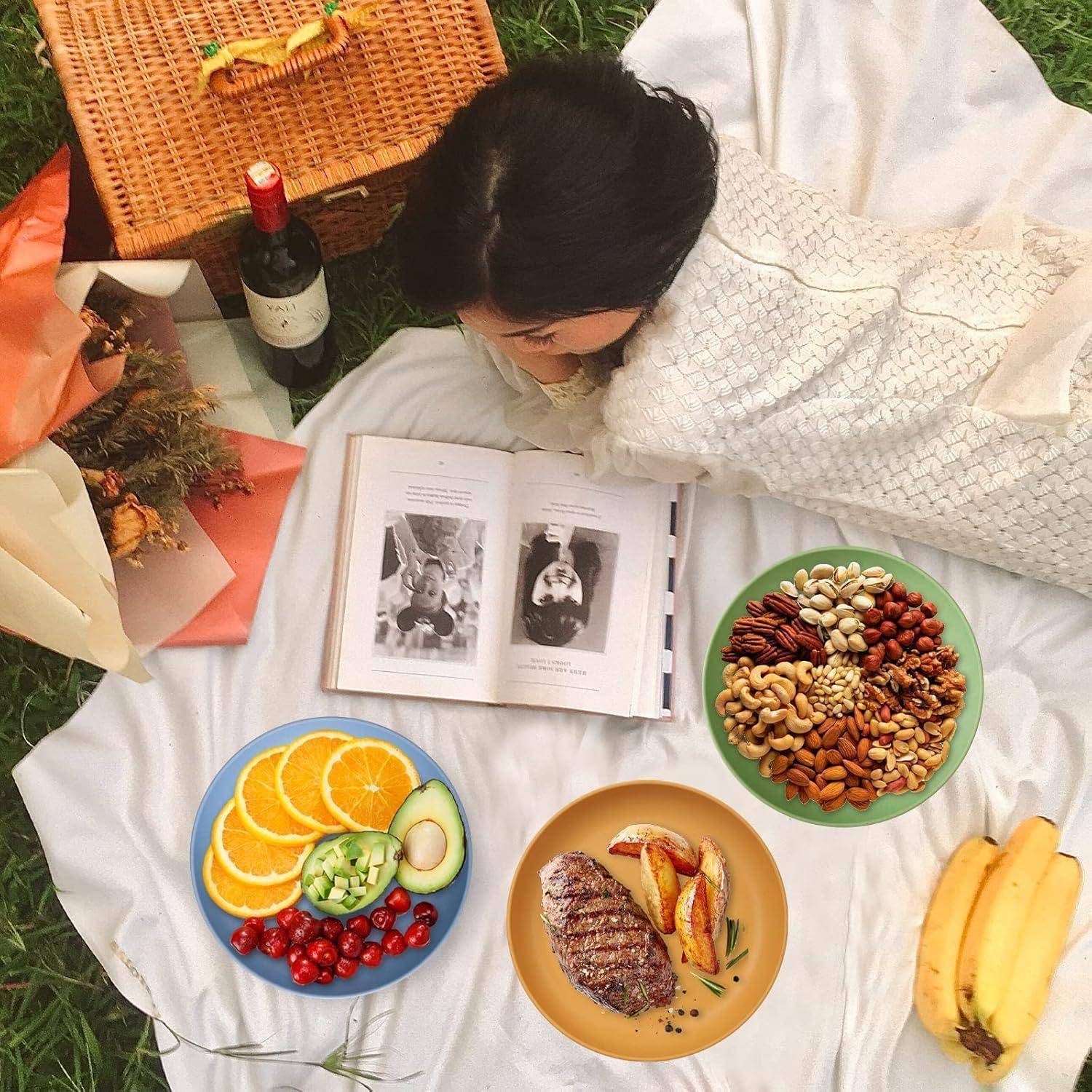 Eine Person liegt auf einer Decke mit einem aufgeschlagenen Buch, umgeben von Tellern mit verschiedenen Früchten, Nüssen und Fleischsorten in einer Picknick-Umgebung auf Gras.