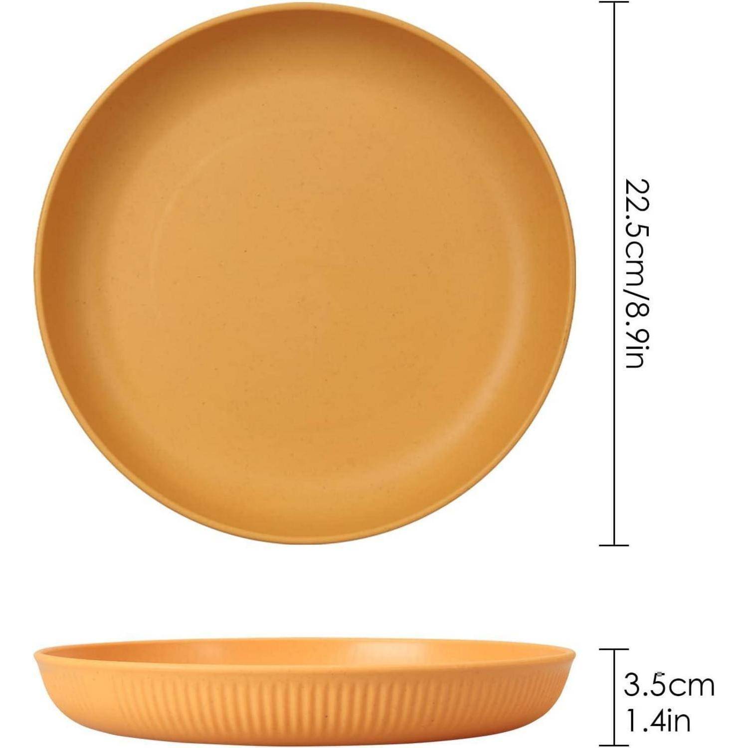 Ansicht von oben und von der Seite eines gelb-orangen Tellers mit Maßangaben: Durchmesser 22,5 cm (8,9 Zoll), Höhe 3,5 cm (1,4 Zoll).