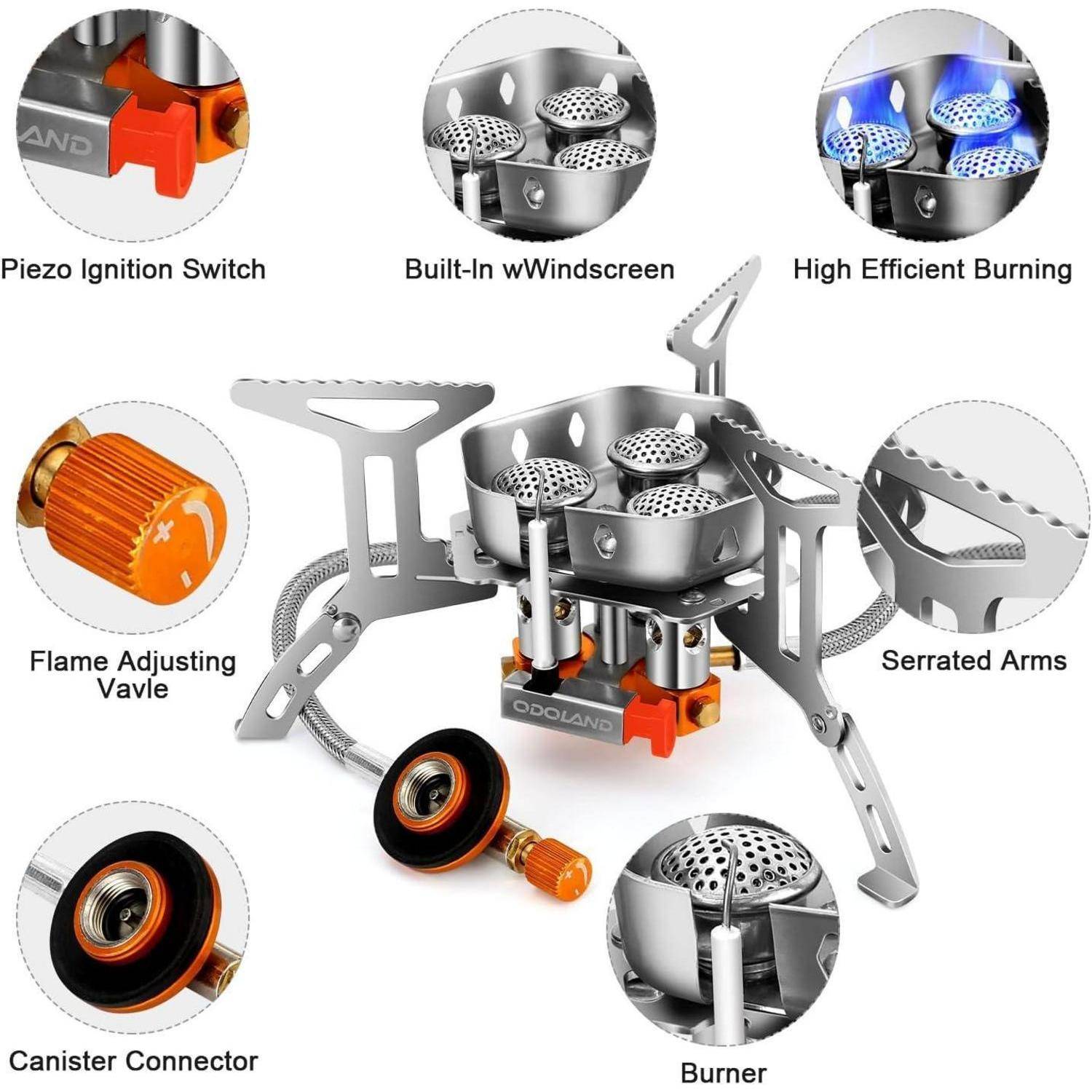 Campingkocher 6800W Gaskocher mit Piezozündung Adapter Windschutz