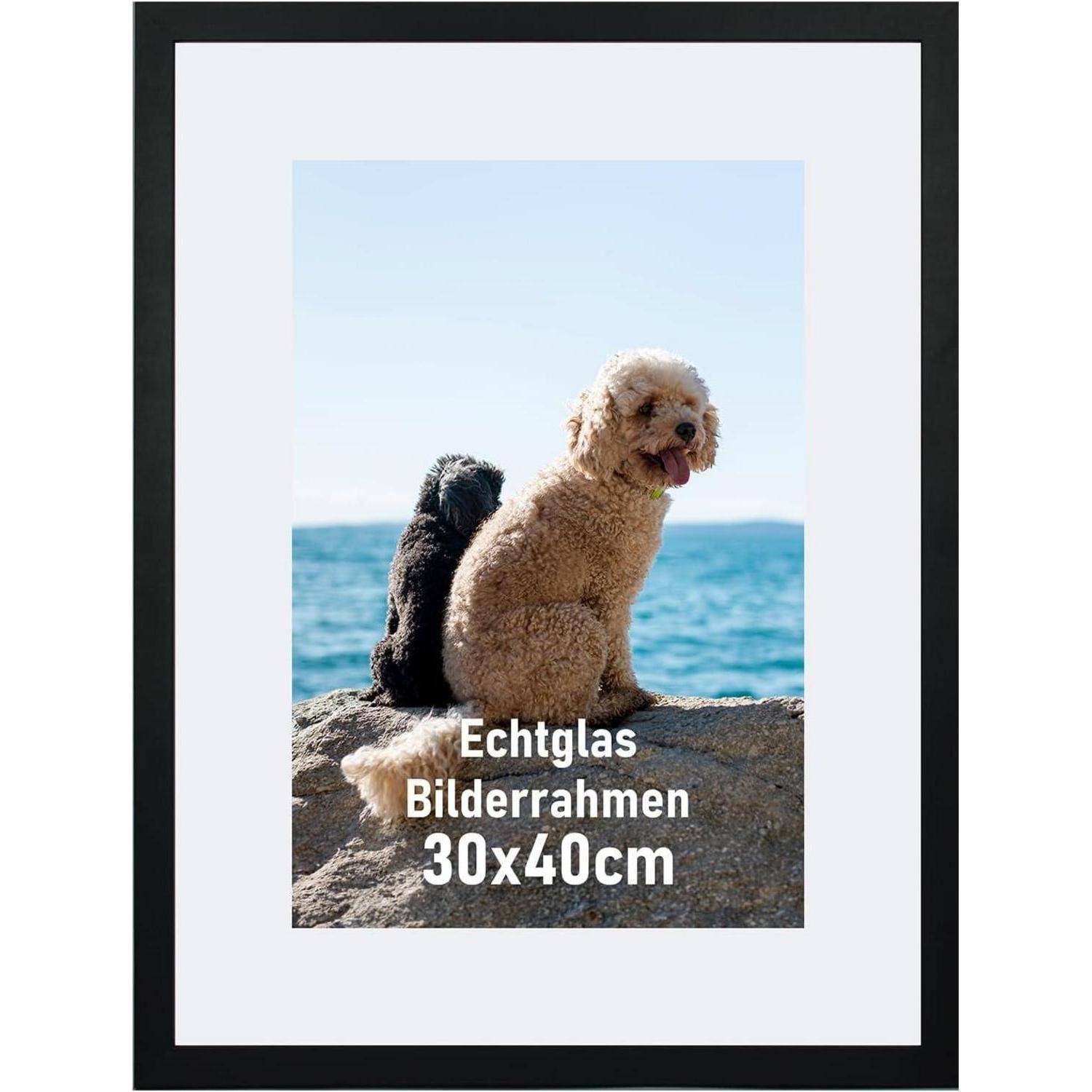 Bilderrahmen 30x40cm Echtglas Holz Rahmen mit Passepartout Schwarz
