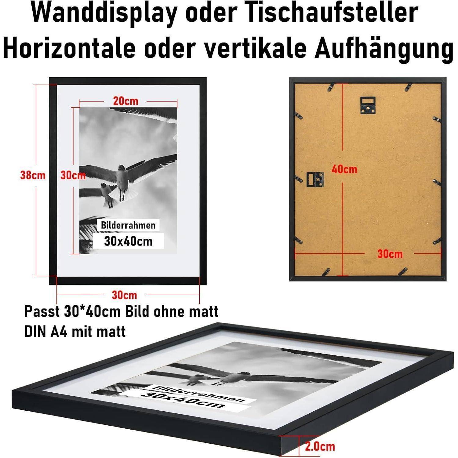 Bilderrahmen 30x40cm Echtglas Holz Rahmen mit Passepartout Schwarz
