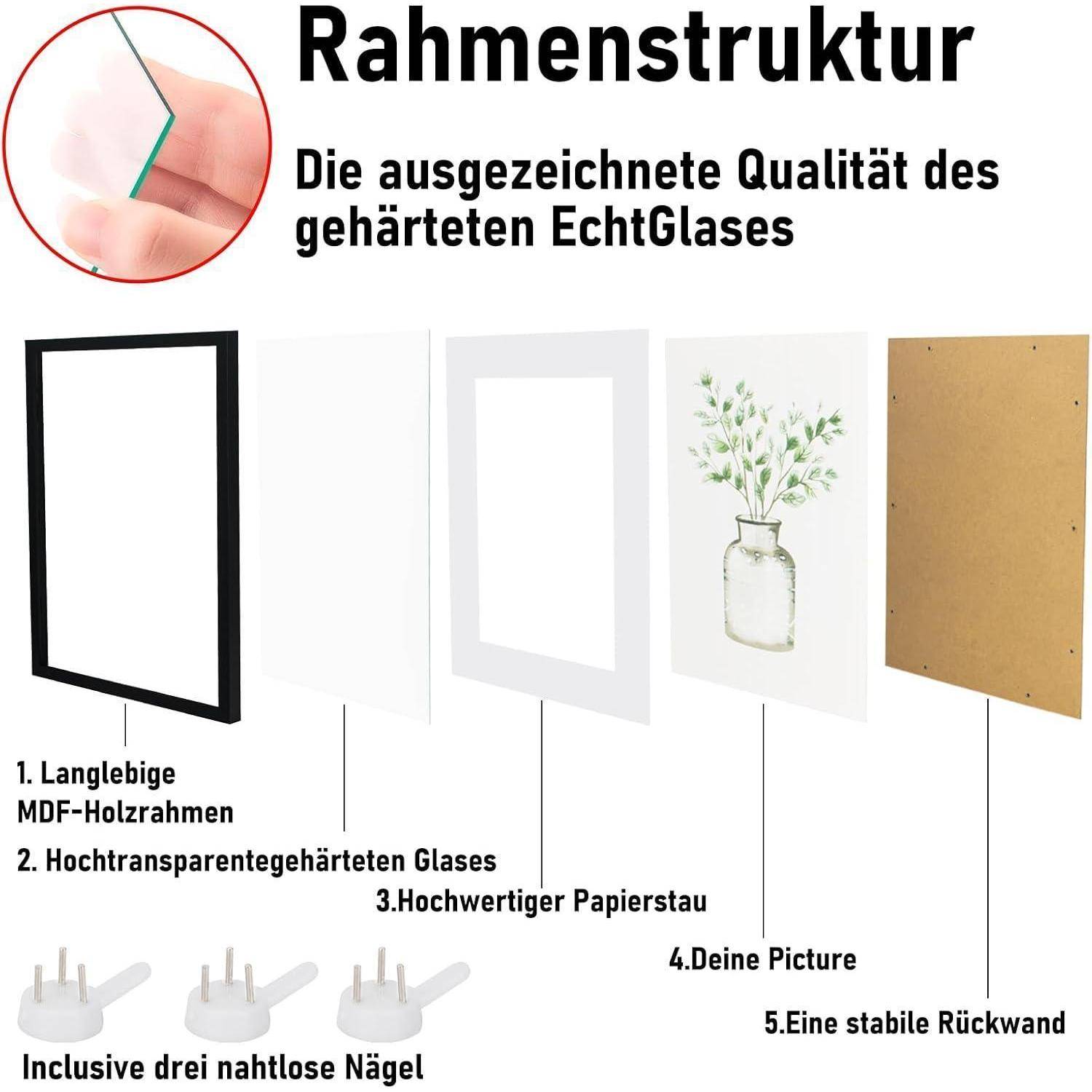 Bilderrahmen 30x40cm Echtglas Holz Rahmen mit Passepartout Schwarz