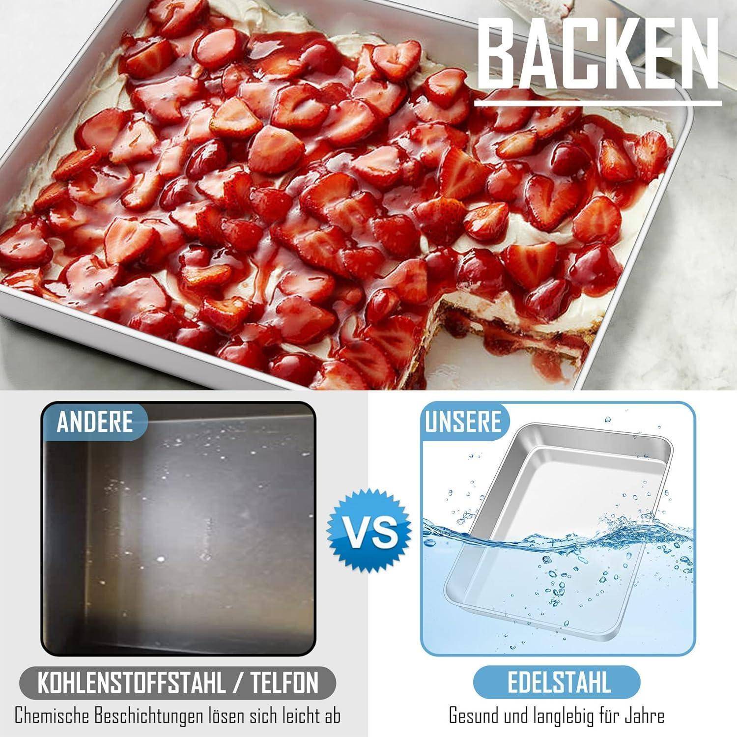 Backen'-Backformen-Vergleich: Oben sind Erdbeeren auf Frischkäse in einer Backform zu sehen. Unten wird 'Andere' mit Rost im Vergleich zu 'Unseren' rostfreien Formen, was die Haltbarkeit zeigt.