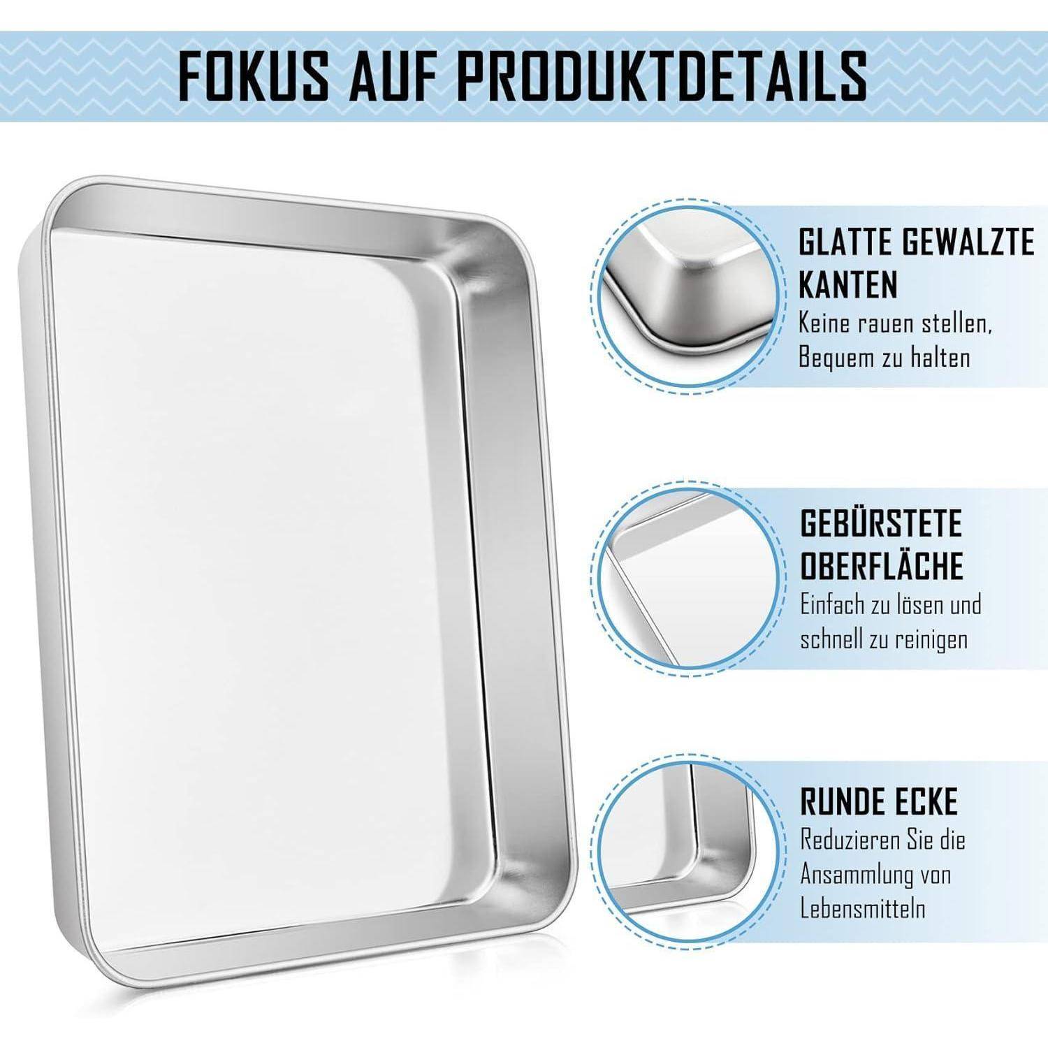 Metalltablett mit abgerundeten Ecken und glatten Kanten, mit Fokus auf Produktdetails. Der deutsche Text betont die glatten Kanten, die gebürstete Oberfläche und die abgerundeten Ecken für einfache Reinigung und Lebensmittelsicherheit.