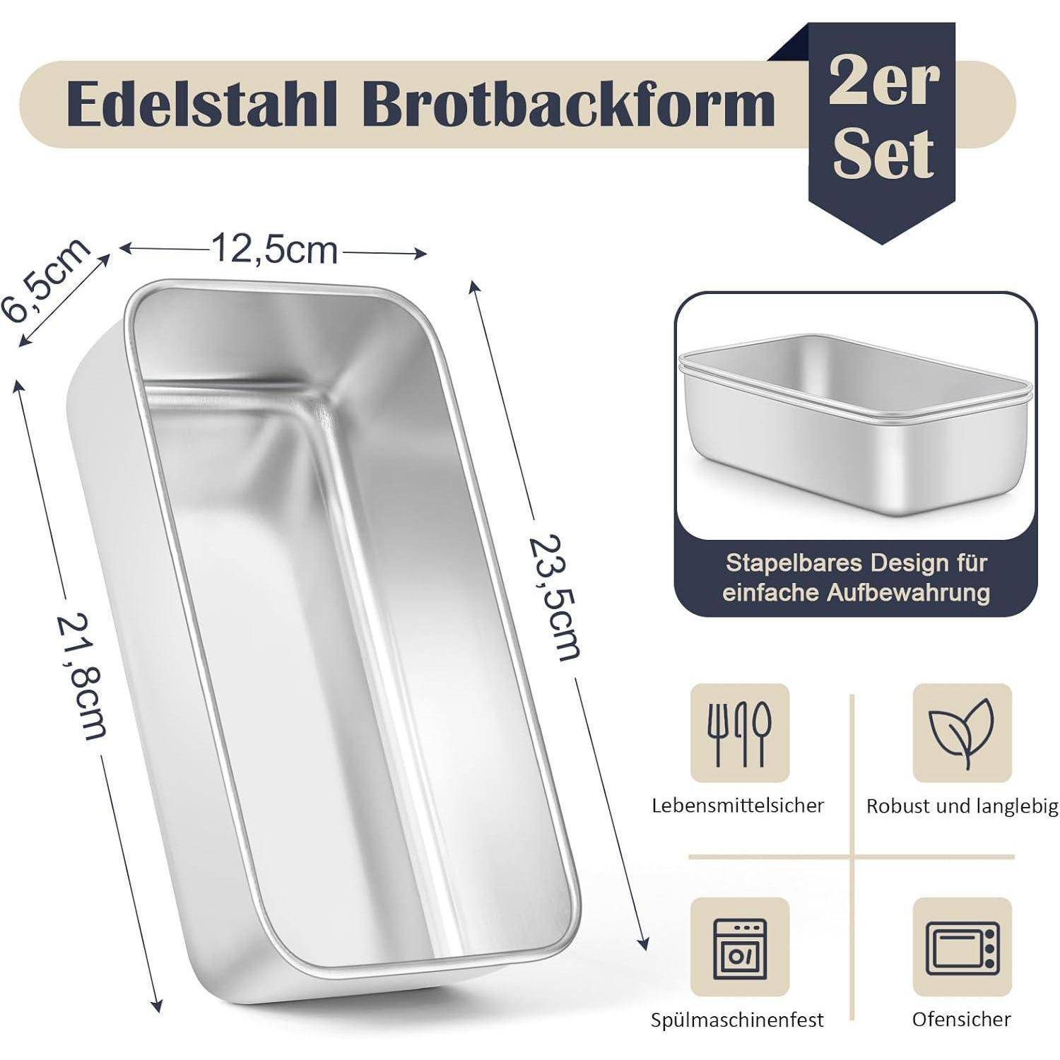 Edelstahl Brotbackform 2er Set mit Abmessungen. Symbole zeigen Lebensmittelsicherheit, Haltbarkeit, Spülmaschinenfestigkeit und Backofeneignung.