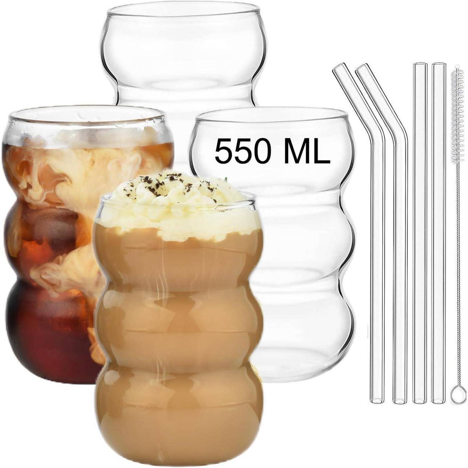 Trinkgläser Set 4er geripptes Glas 550ml Wave Latte Macchiato