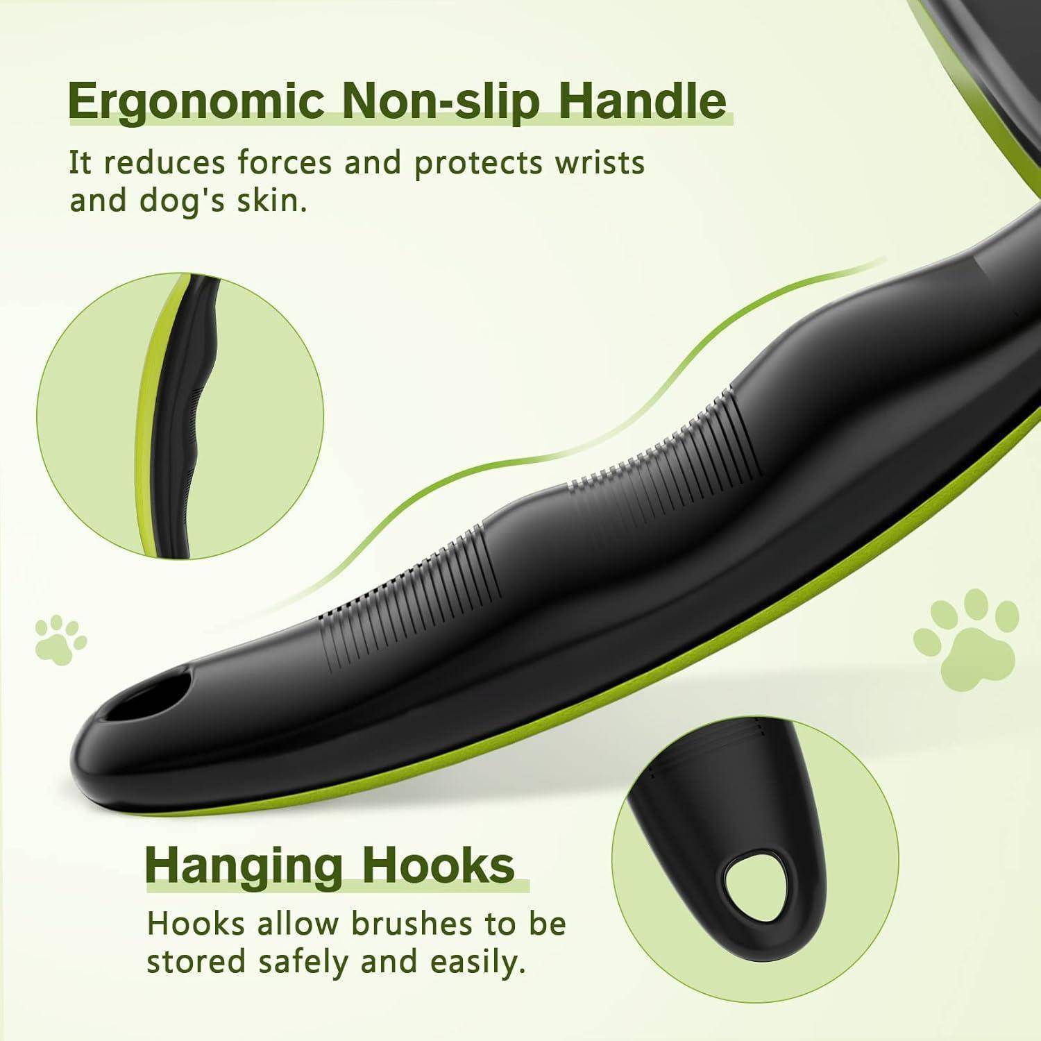 Ergonomischer rutschfester Griff mit Rillenstruktur zur Reduzierung der Handgelenkbelastung. Aufhängehaken gewährleisten sichere Aufbewahrung. Grüner Hintergrund und Tierpfotengrafikdesign.
