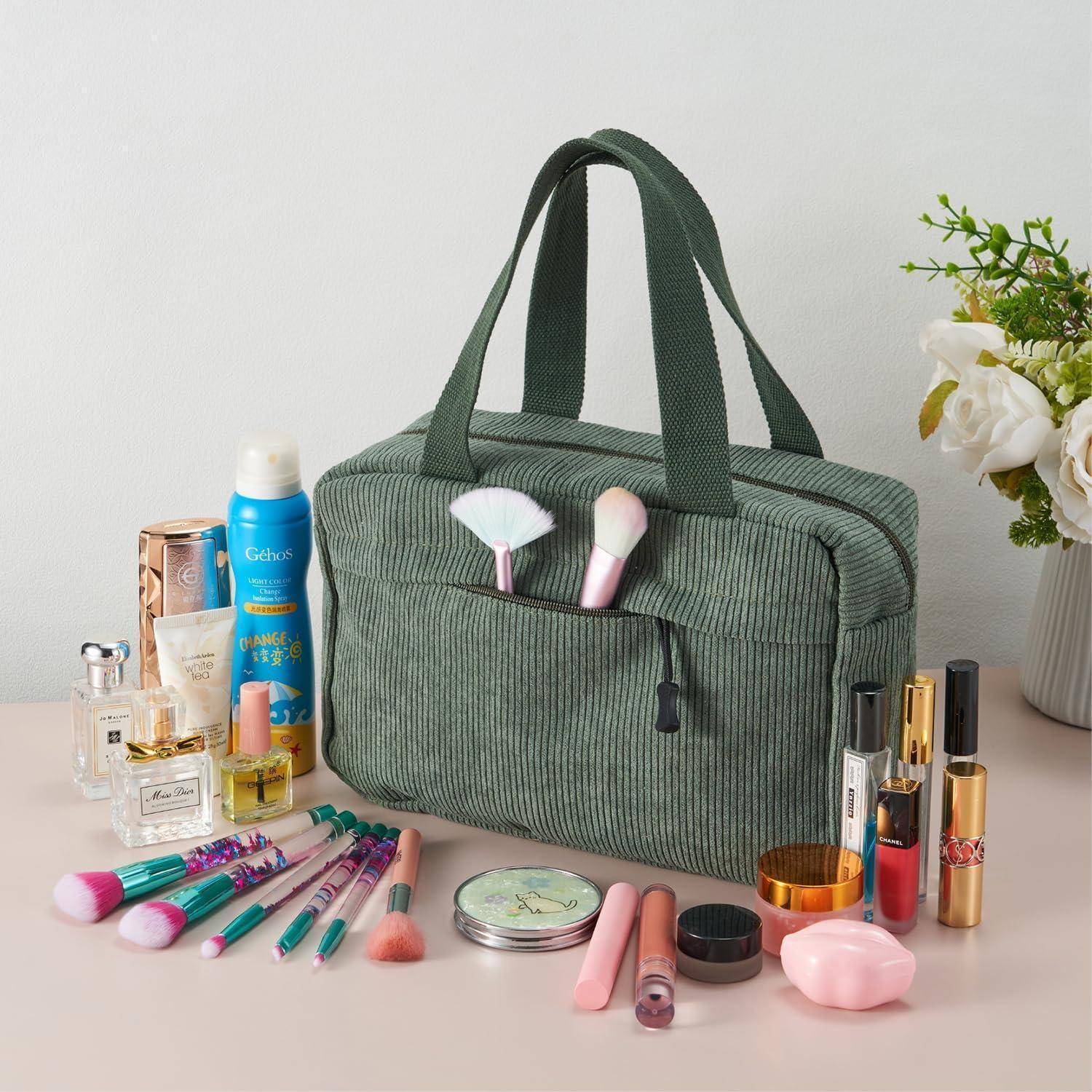 Große Cord Kosmetiktasche Damen Reise Make-up Tasche Grün