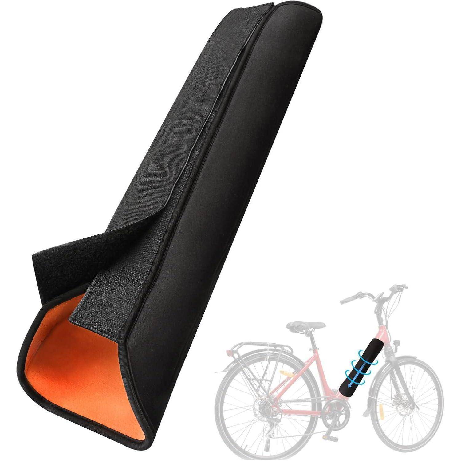 Ein schwarzer, gepolsterter Fahrradrahmen-Schutz mit orangefarbenem Innenleben, der um das Oberrohr eines Fahrrads gewickelt ist, um Kratzer zu verhindern.