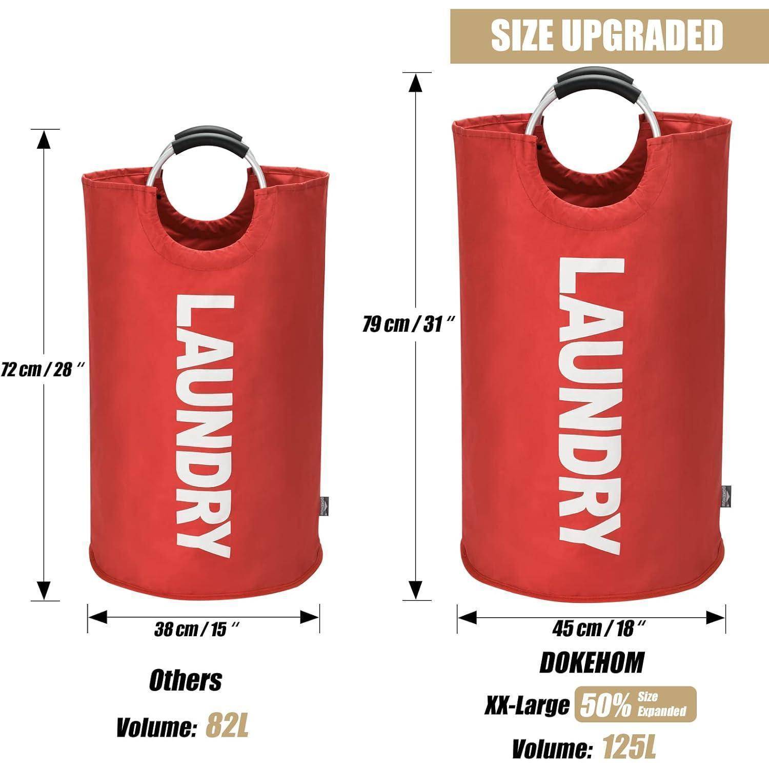 Zwei rote Wäschesäcke mit Griffen. Der linke Sack ist 72 cm hoch und fasst 82 Liter. Der rechte Sack ist 79 cm hoch, 50% größer und fasst 125 Liter.