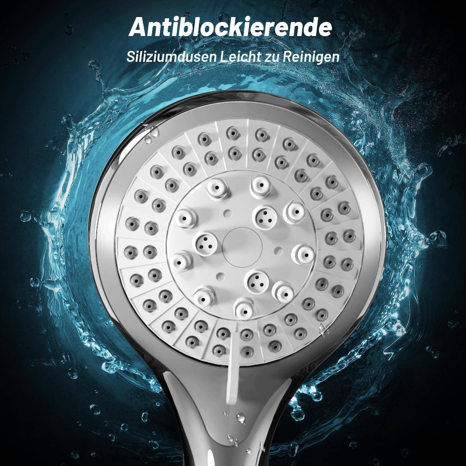 Duschkopf umgeben von Wasserspritze, ausgestattet mit anti-verstopfenden Silikon-Düsen, mit Text 'Antiblockierende Siliziummischdüsen Leicht zu Reinigen'.