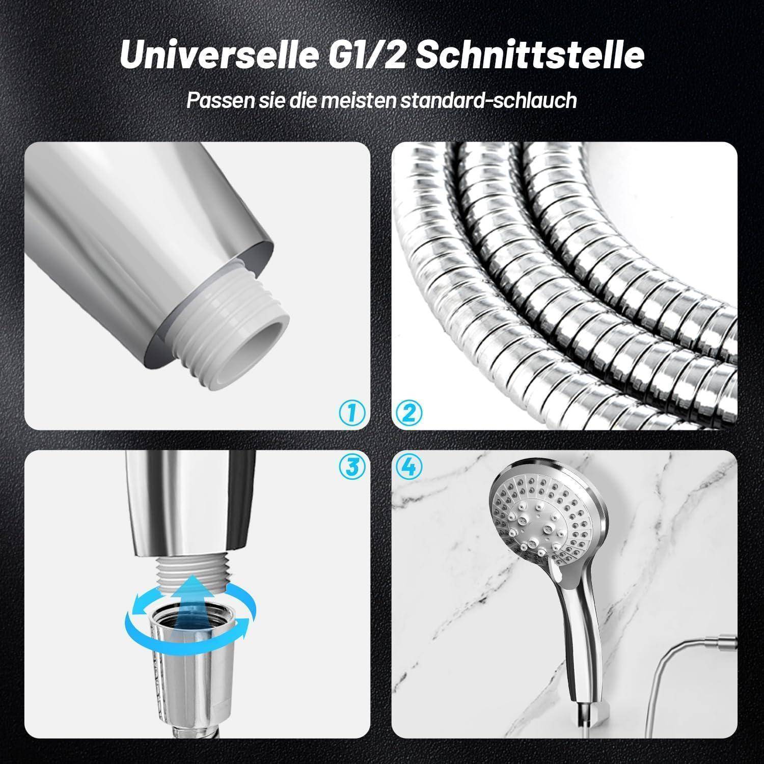Duschkopf 5 Strahlarten mit Schlauch 1,5m und Chrome, Hochdruck