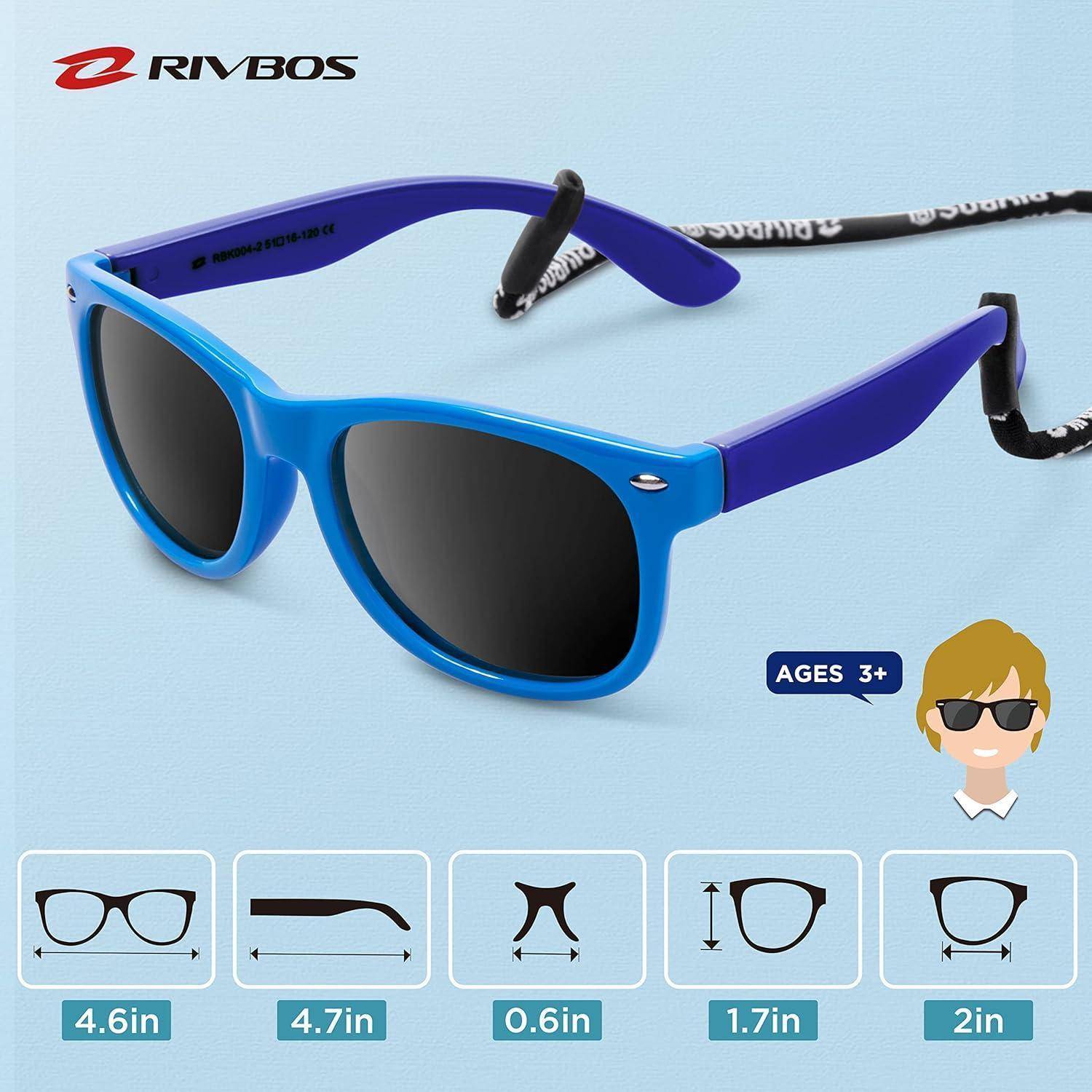 Blaue Sonnenbrille für Kinder ab 3 Jahren, mit folgenden Größenabmessungen: Breite 4,6 Zoll, Steg 0,6 Zoll, Linsenhöhe 1,7 Zoll, Bügel 4,7 Zoll, Linsenbreite 2 Zoll.