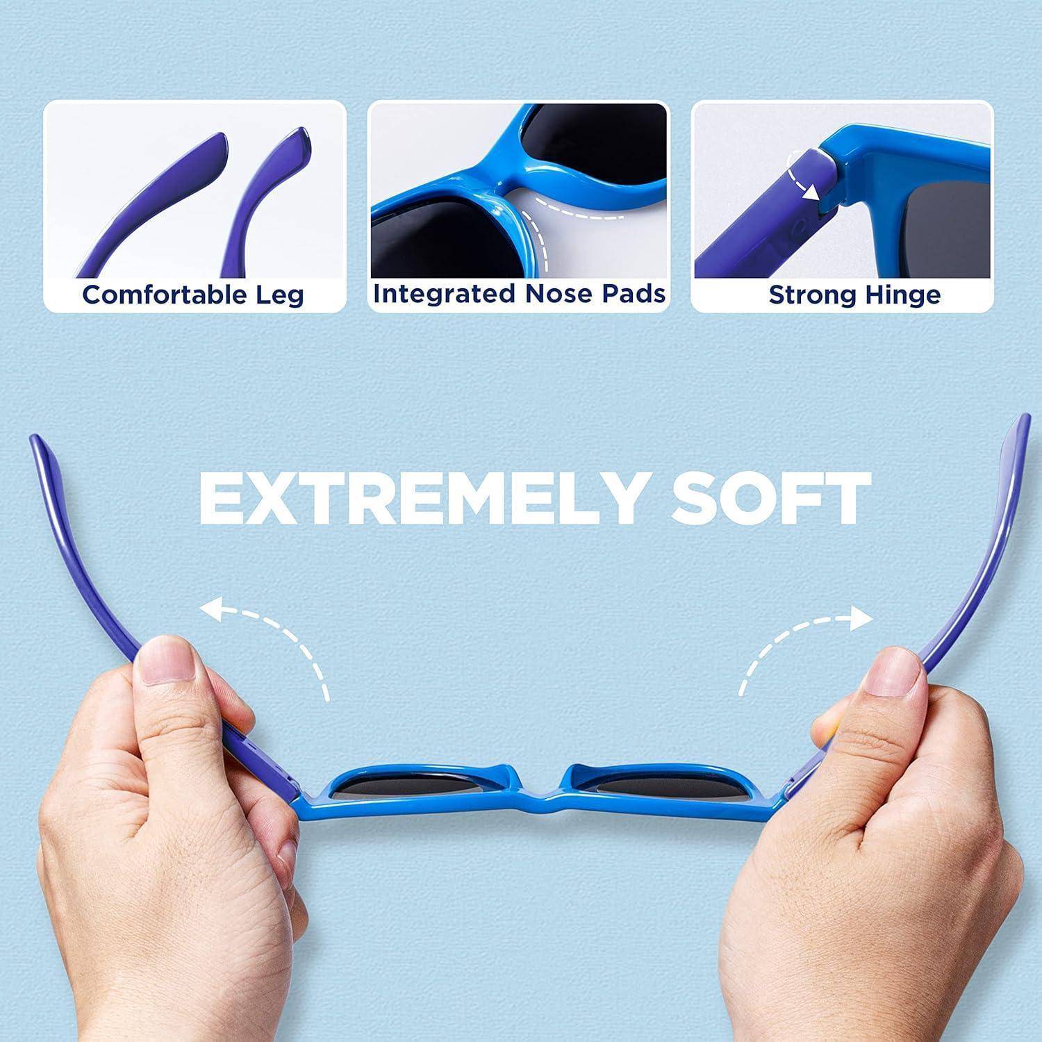 Hände, die biegsame blaue Sonnenbrille mit dem Text 