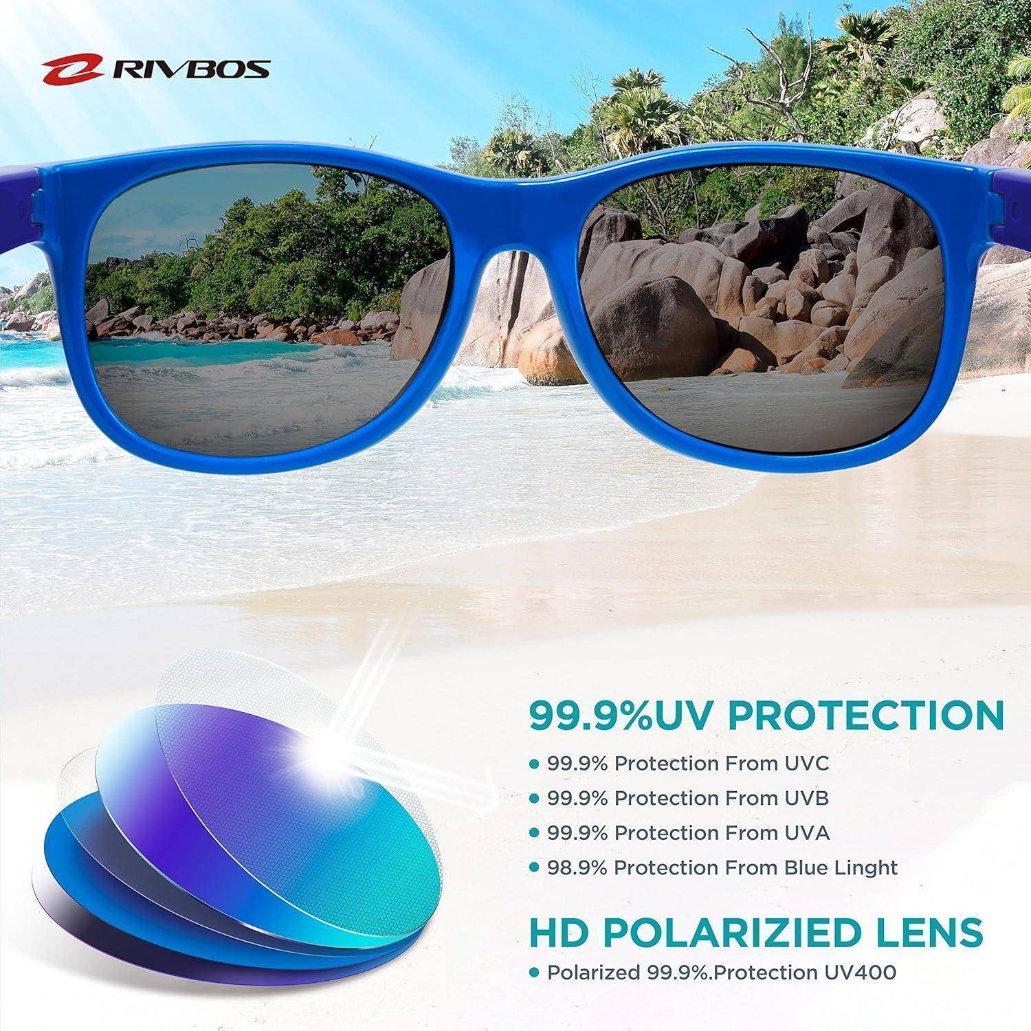 Blaue Sonnenbrille am Strand; Gläser reflektieren eine tropische Szenerie. Text hebt 99,9% UV-Schutz und Vorteile der HD-polarisierten Linsen hervor.