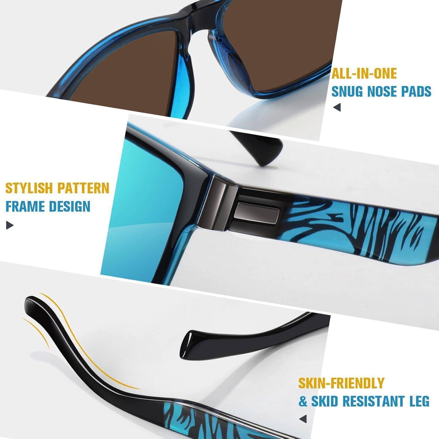Blaue Sonnenbrille mit braunen Gläsern mit einem Design für eng anliegende Nasenpads für Komfort, einem stilvollen Musterrahmen und einem hautfreundlichen, rutschfesten Bügel.