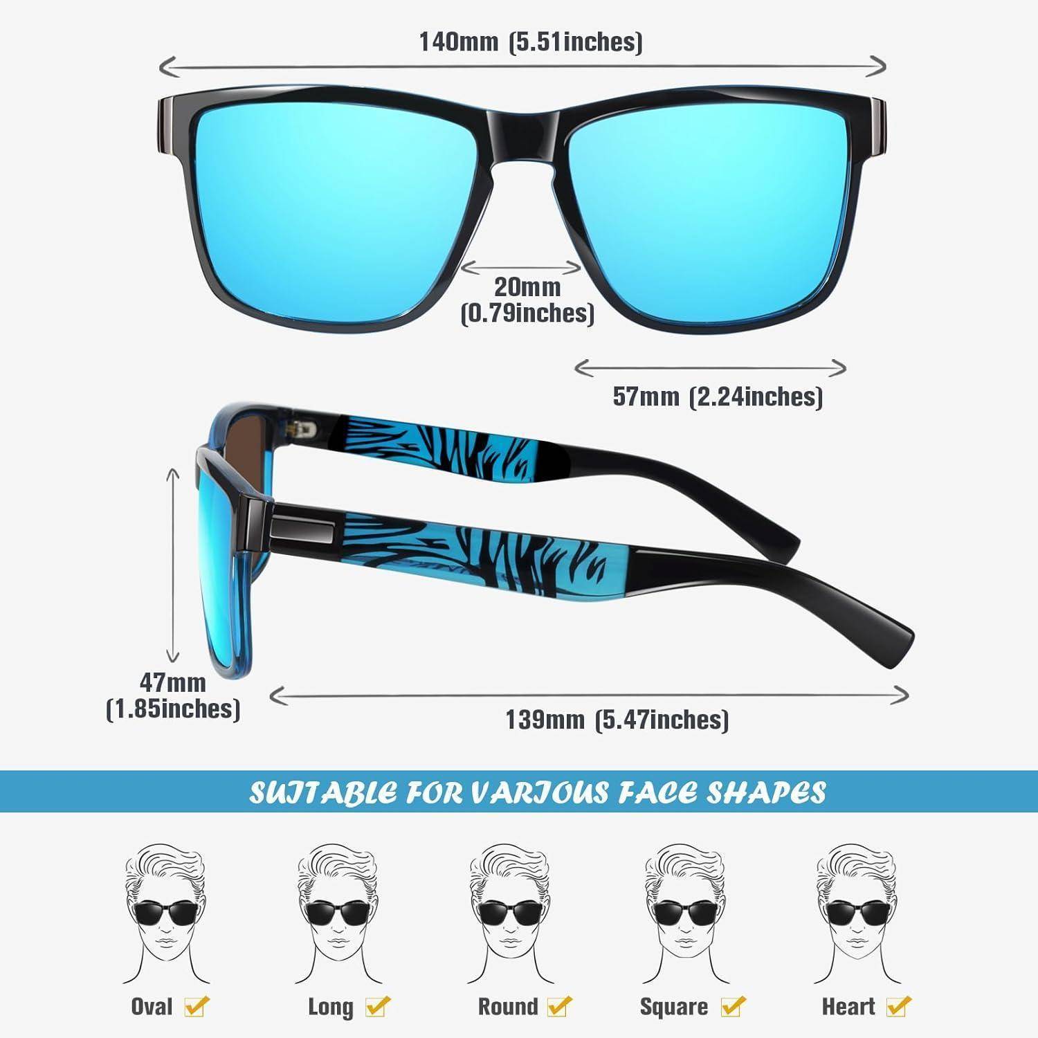 Sonnenbrille mit blauen verspiegelten Gläsern und schwarzen Rahmen, dargestellt mit Abmessungen. Geeignet für verschiedene Gesichtsformen: oval, länglich, rund, eckig, herzförmig.