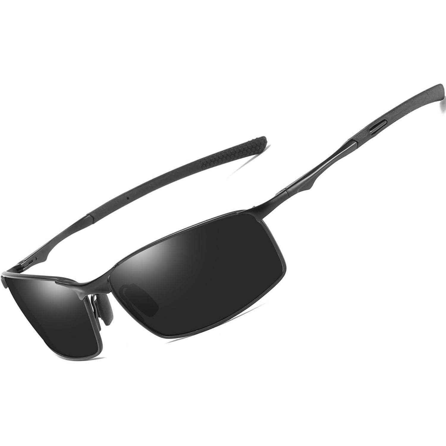 Schwarze rechteckige Sonnenbrille mit elegantem Metallgestell, leicht geschwungenen Bügeln und dunkel getönten Gläsern, vor einem weißen Hintergrund positioniert.