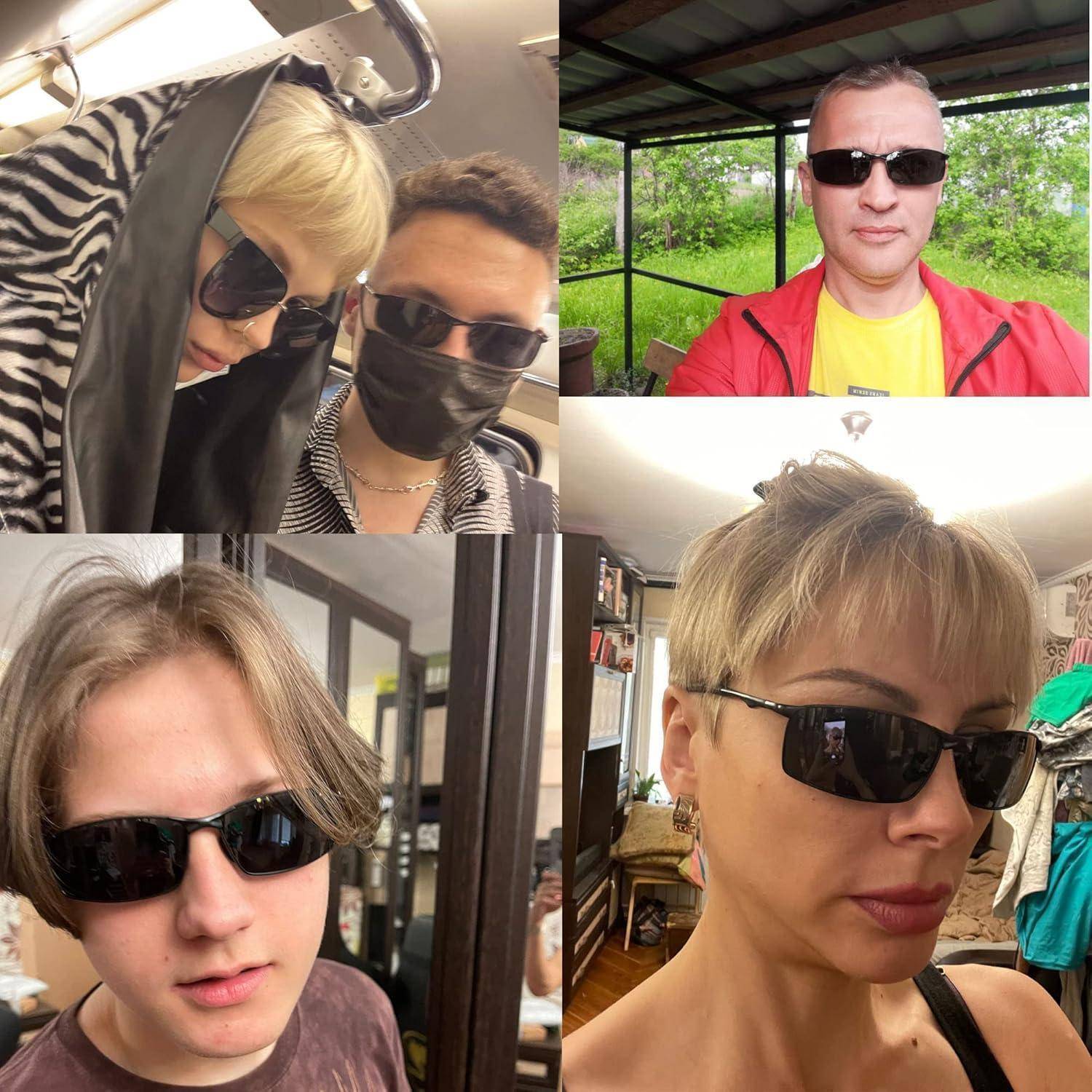 Eine Collage von vier Personen mit Sonnenbrillen an verschiedenen Orten: in öffentlichen Verkehrsmitteln, im Freien und in Innenräumen, jeweils mit einzigartigen Frisuren.