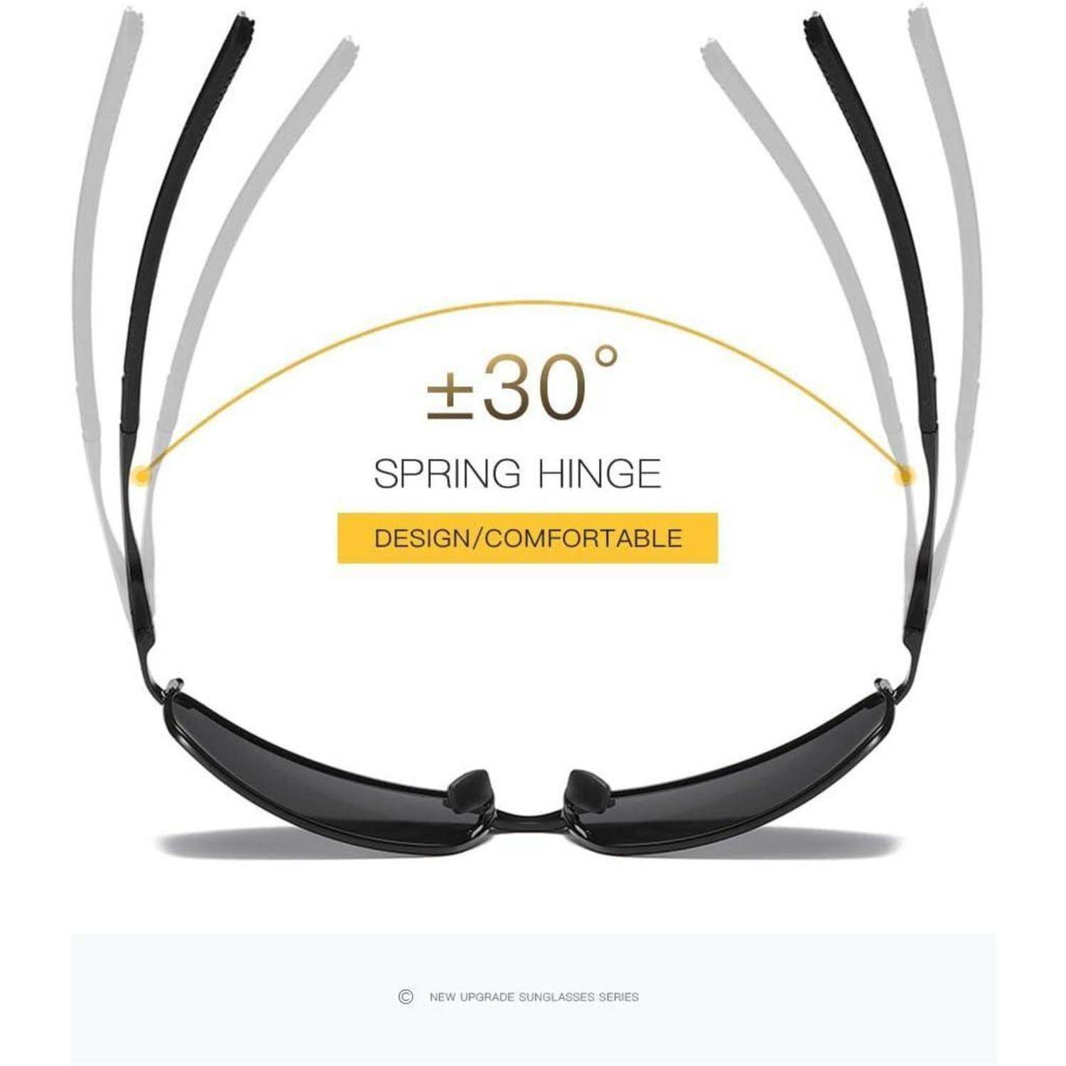 Sonnenbrille mit flexiblen Federscharnieren abgebildet. Bildunterschrift lautet „±30° Federscharnier