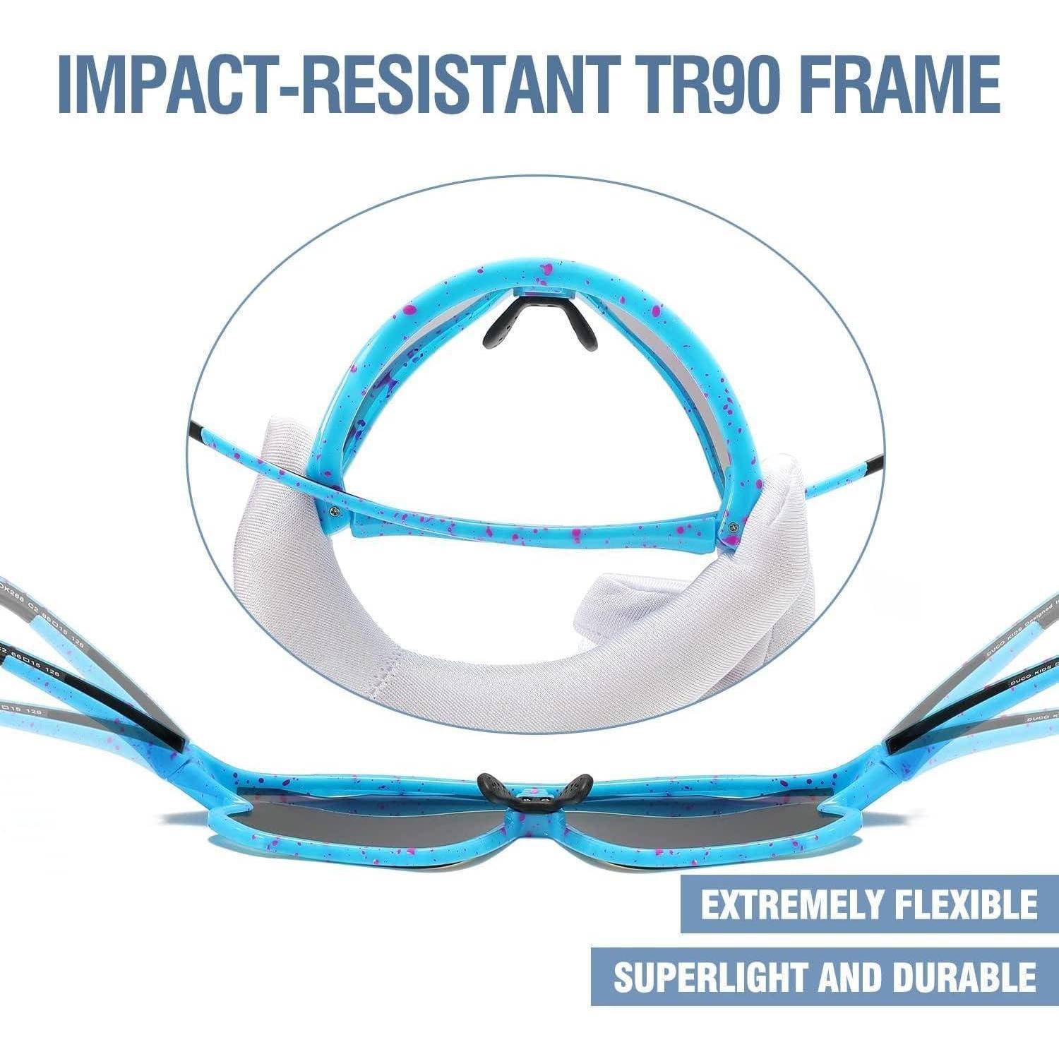 Rahmen aus stoßfestem TR90-Material ist extrem flexibel, superlicht und langlebig. Das Bild zeigt blaue Brille, die Flexibilität demonstriert.
