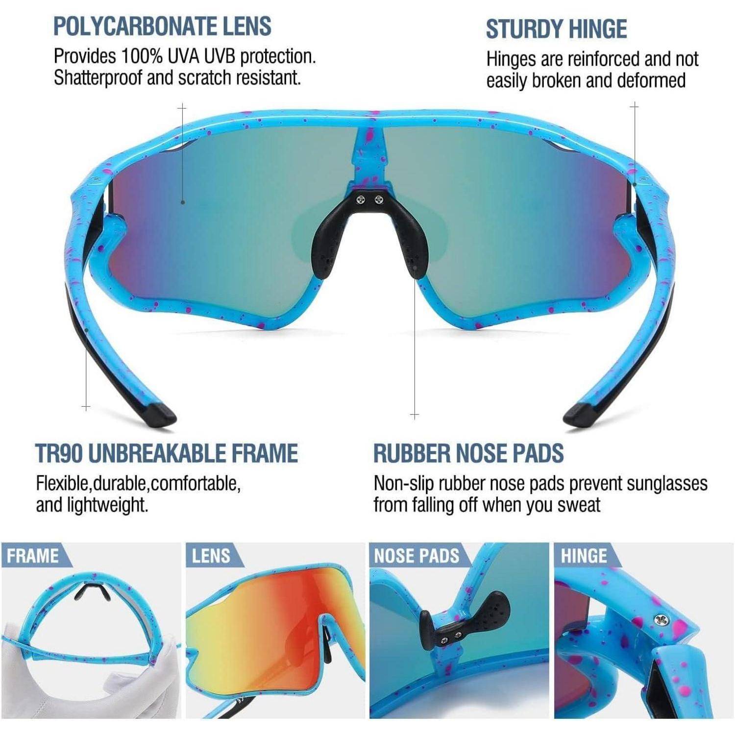 Sport-Sonnenbrillen mit Polycarbonat-Gläsern bieten 100% UVA-UVB-Schutz. Zu den Merkmalen gehören ein stabiles Scharnier, ein unzerbrechlicher TR90-Rahmen und Gummi-Nasenstege für Komfort und Langlebigkeit.