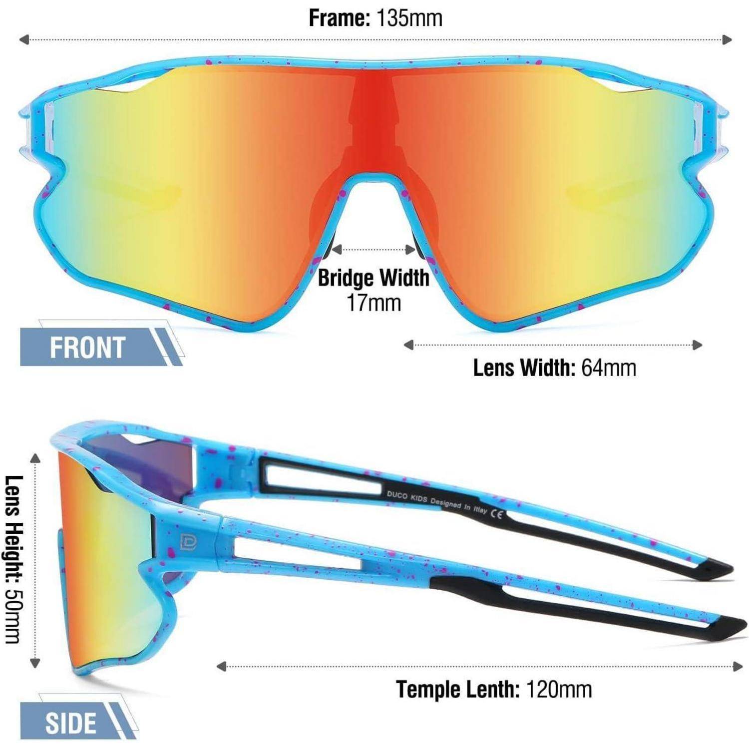 Vorder- und Seitenansichten einer Sonnenbrille mit blauem Rahmen und orangefarbenen Gläsern. Abmessungen: Rahmen 135 mm, Steg 17 mm, Glasbreite 64 mm, Glashhöhe 50 mm, Bügellänge 120 mm.