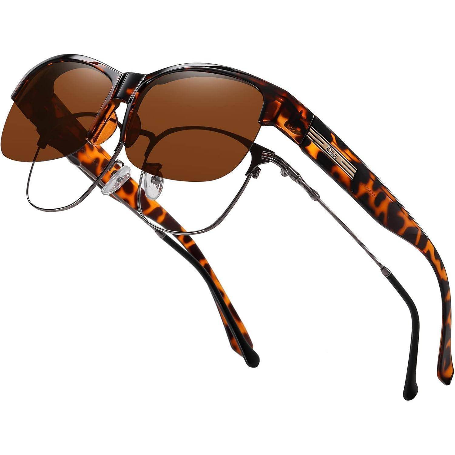 Schildpatt-gemusterte Sonnenbrille mit braunen Gläsern, ausgestattet mit einer faltbaren Konstruktion für kompakte Aufbewahrung.