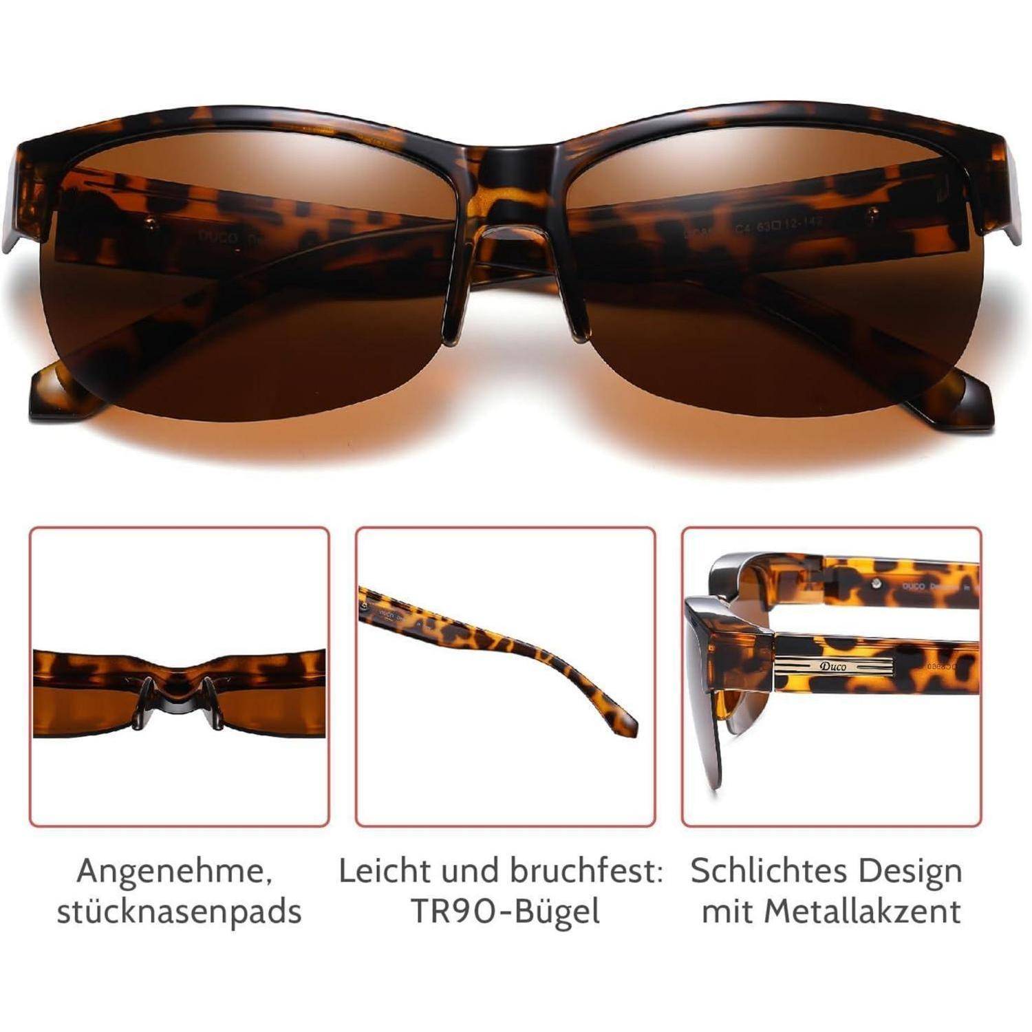Schildpatt-Sonnenbrille mit braunen Gläsern. Merkmale sind bequeme Nasenpads, TR90-Gestell und ein schlichtes Design mit Metallelementen.