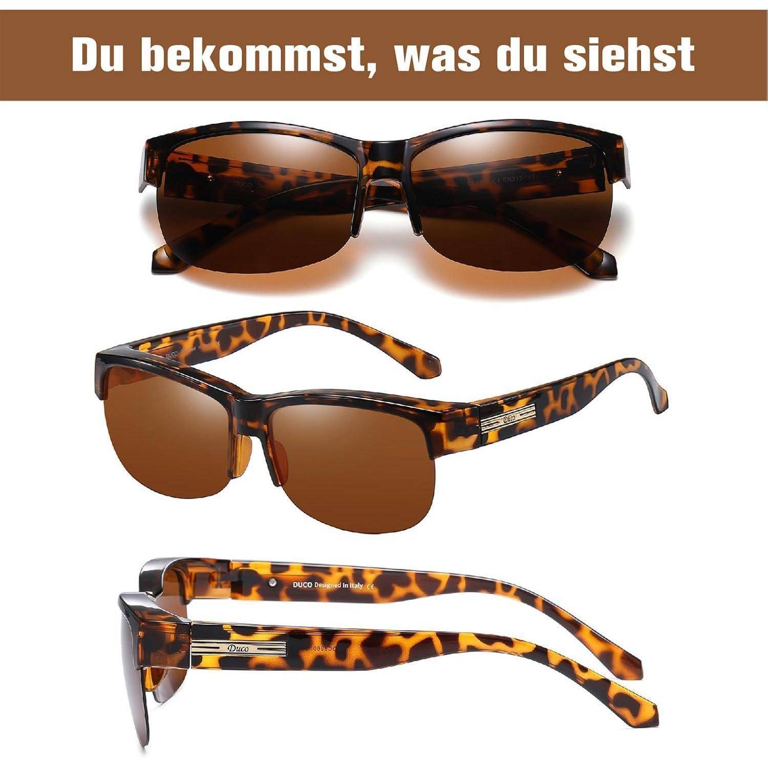 Schildpatt-gemusterte Sonnenbrille wird aus drei Perspektiven gezeigt: von vorne, von der Seite und von oben. Text darüber liest: 