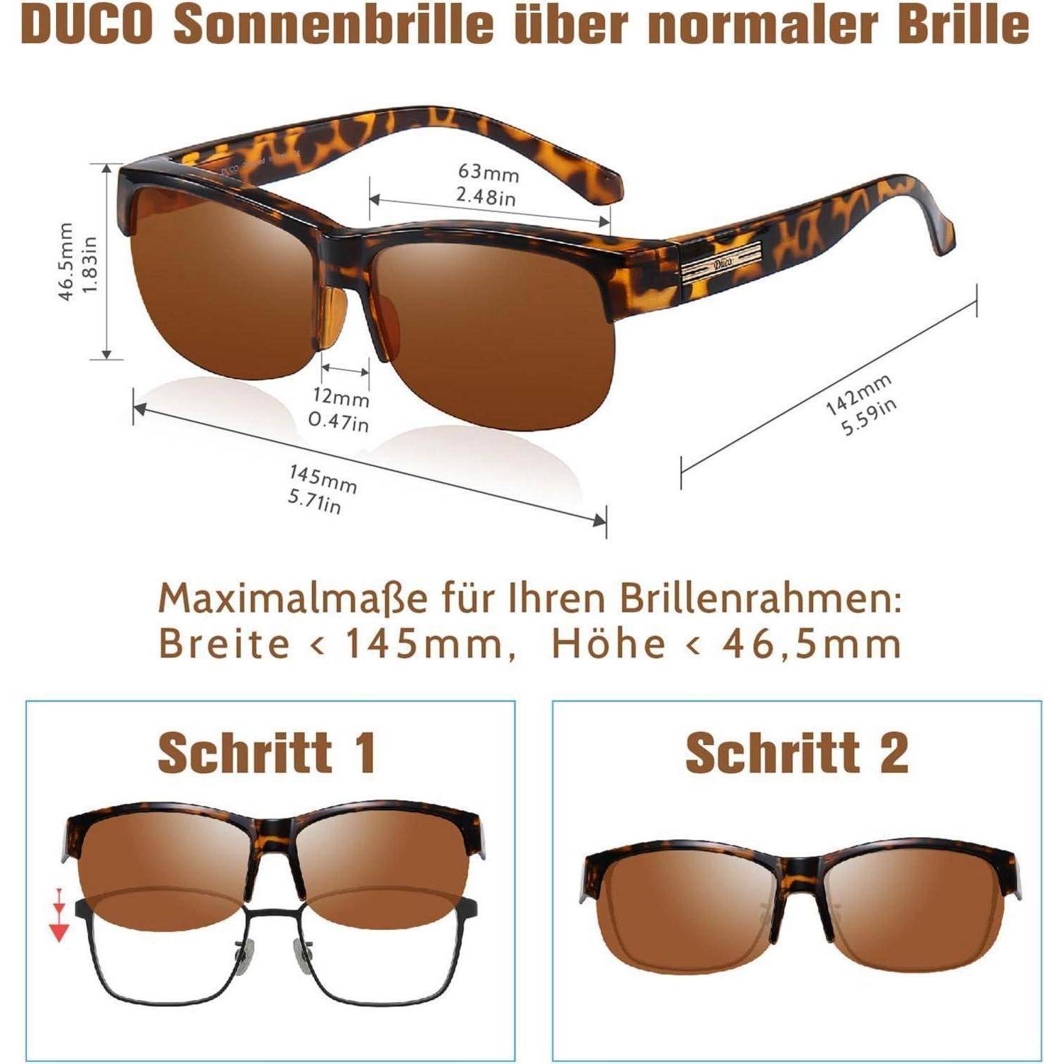 Sonnenbrillen passen über normale Brillen; maximale Rahmengröße: Breite 145 mm, Höhe 46,5 mm. Schritte 1-2: Zeigen, wie man sie über eine Brille trägt.