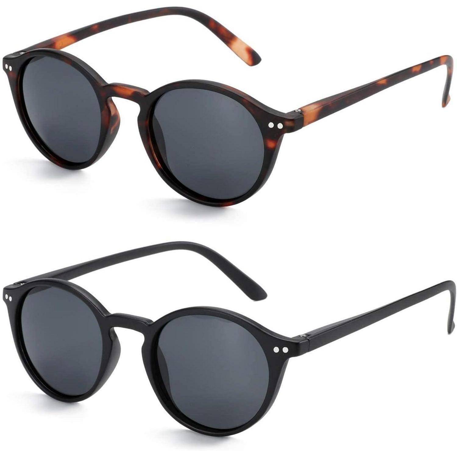 Zwei Paare runder Sonnenbrille: eines mit Schildpattfassung, das andere mit schwarzen Rahmen, beide mit dunklen Gläsern.