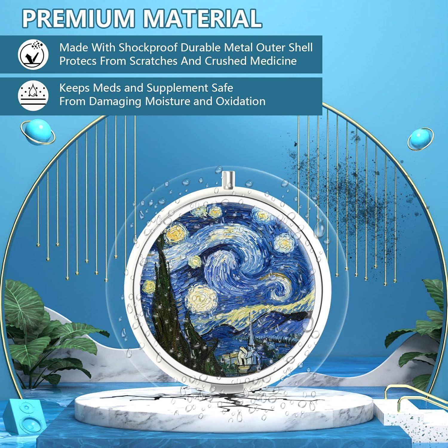 Dekorative Hülle mit 'Sternennacht'-Design, gekennzeichnet als 'Premium-Material'. Bietet Schutz vor Kratzern, Feuchtigkeit und Oxidation.