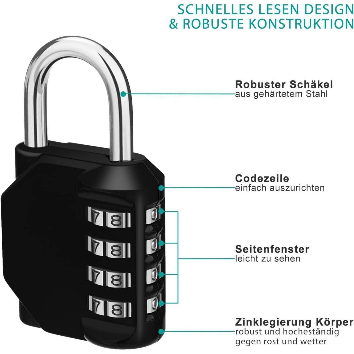 Ein schwarzes Vorhängeschloss mit einem Vier-Ziffern-Kombinationssystem, das seinen robusten Bügel, das Zifferblatt, das seitliche Sichtfenster und den Zinklegierungskorpus hervorhebt. Text auf Deutsch beschreibt die Merkmale.