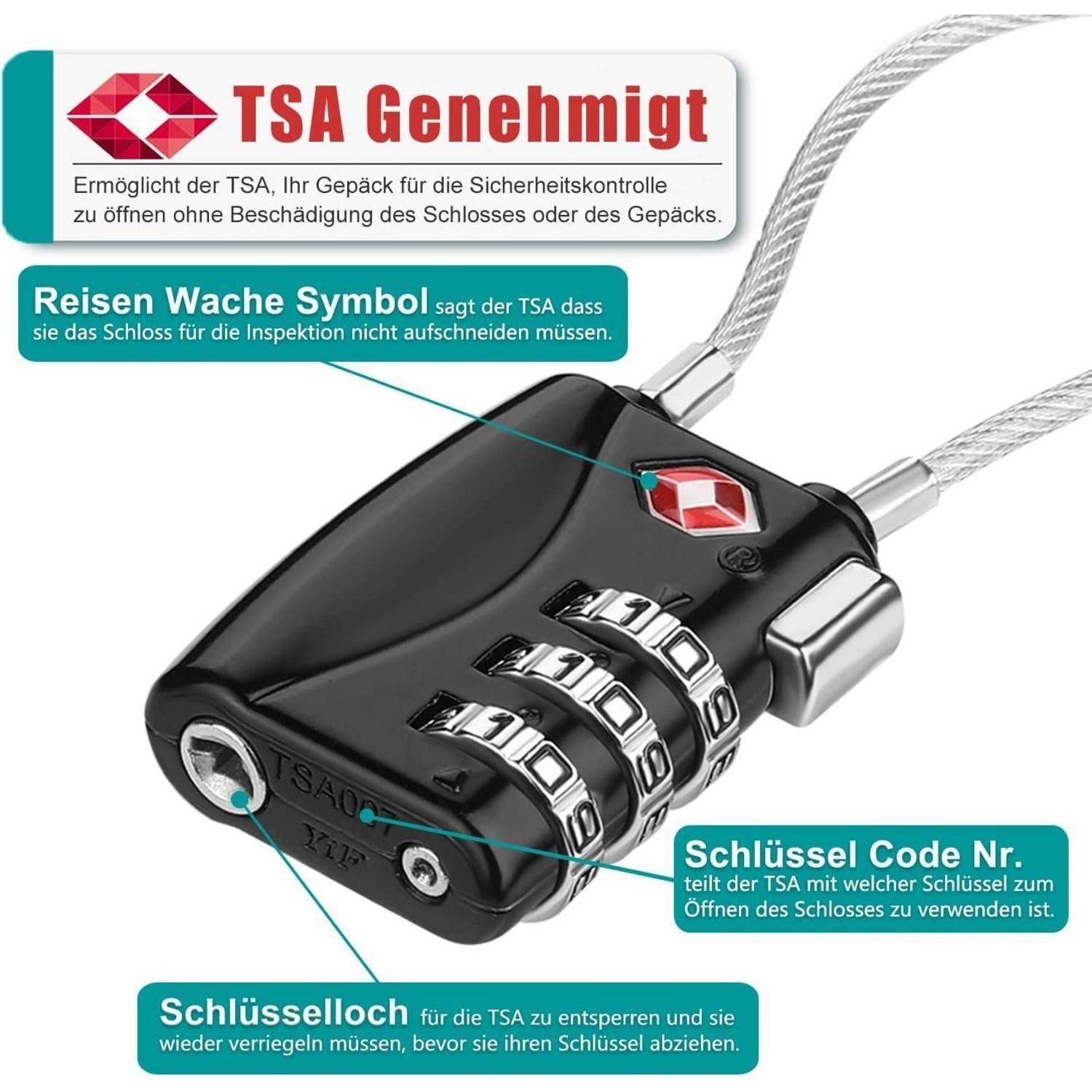 TSA Kofferschloss Zahlenschloss flexibles Kabeldesign Schwarz