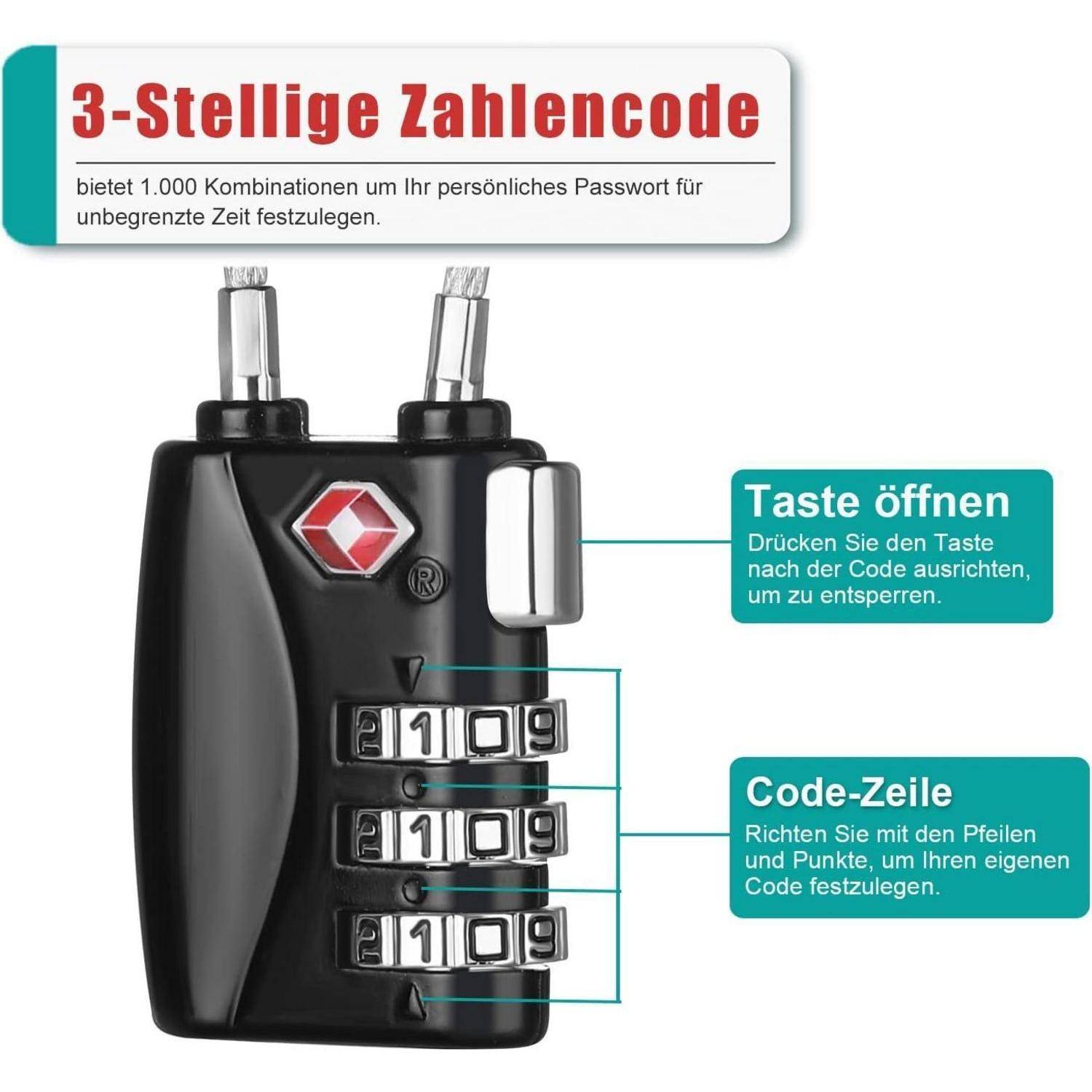 TSA Kofferschloss Zahlenschloss flexibles Kabeldesign Schwarz