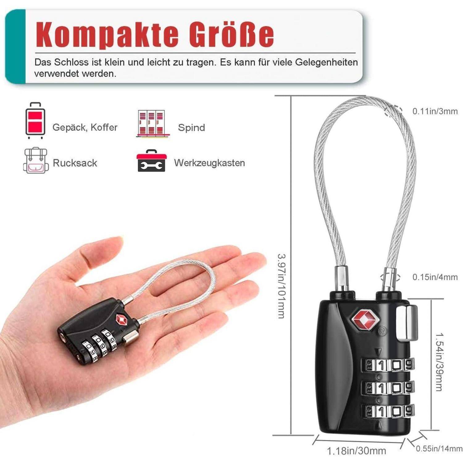 TSA Kofferschloss Zahlenschloss flexibles Kabeldesign Schwarz