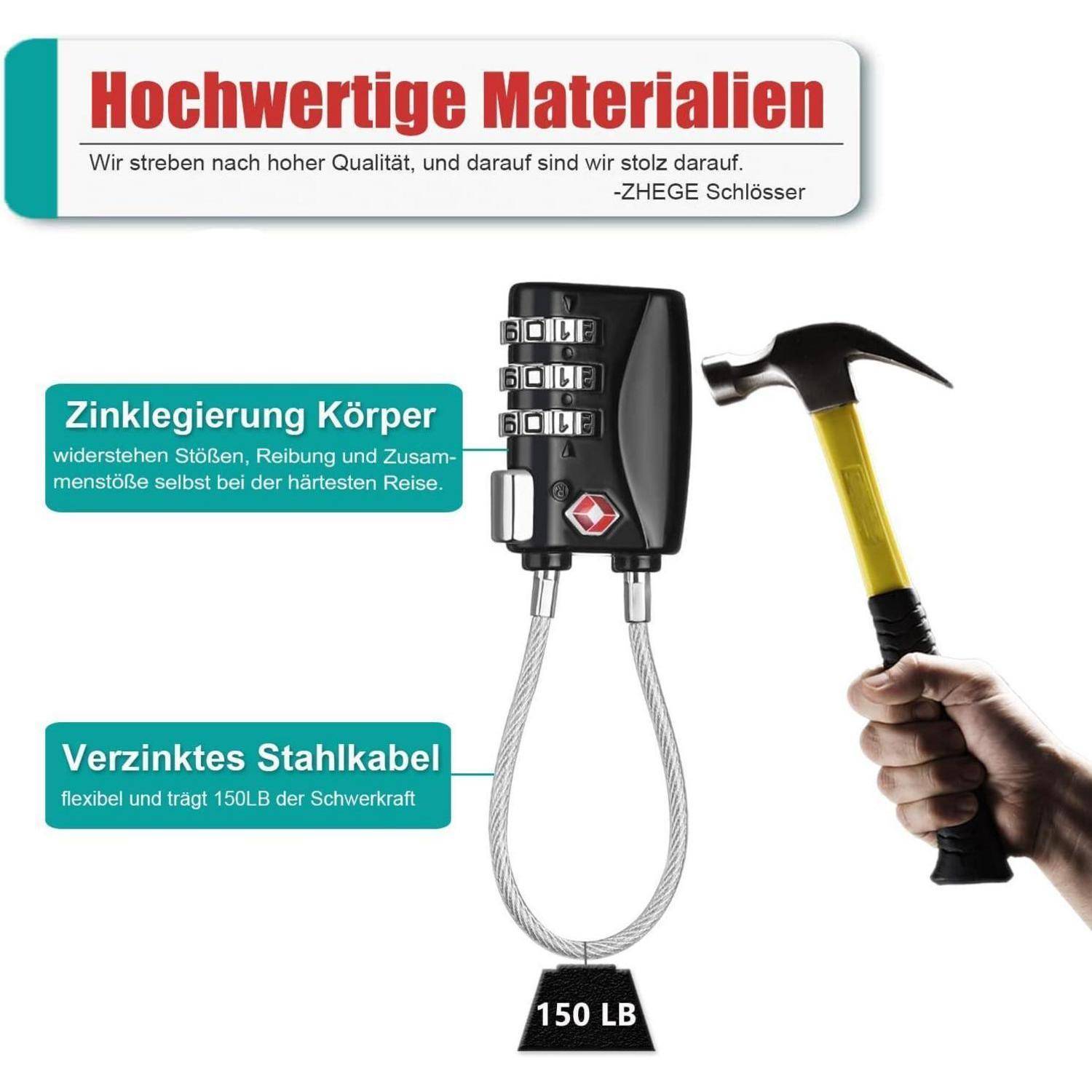 TSA Kofferschloss Zahlenschloss flexibles Kabeldesign Schwarz