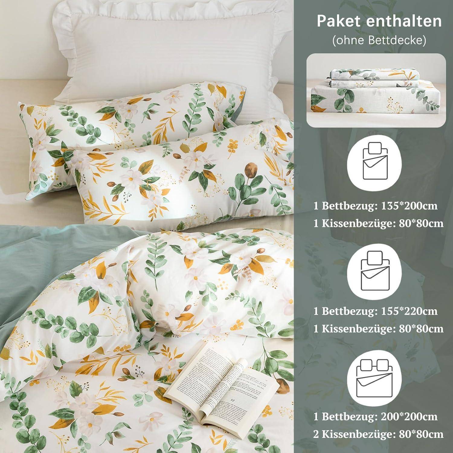 Bettwäsche-Set mit Blumenmuster und Blätterdesign auf einem Bett, inklusive Kissenbezügen. Verpackungsoptionen mit Größen: Einzelbett, Doppelbett und Kingsize.