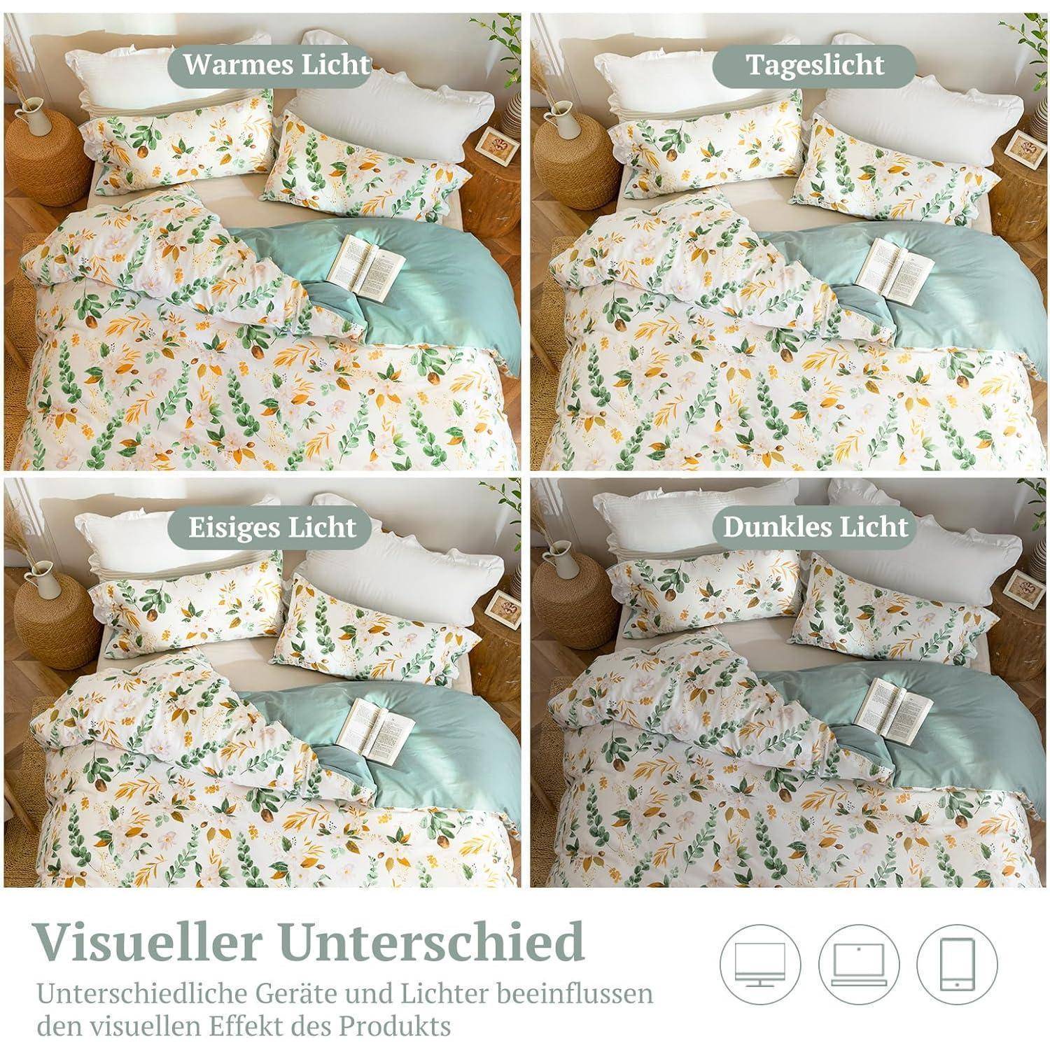 Vier Bilder vergleichen Beleuchtungseffekte auf Bettwäsche: 'Warmes Licht', 'Tageslicht', 'Kühles Licht', 'Dunkles Licht'. Der untere Text lautet 'Visueller Unterschied'.