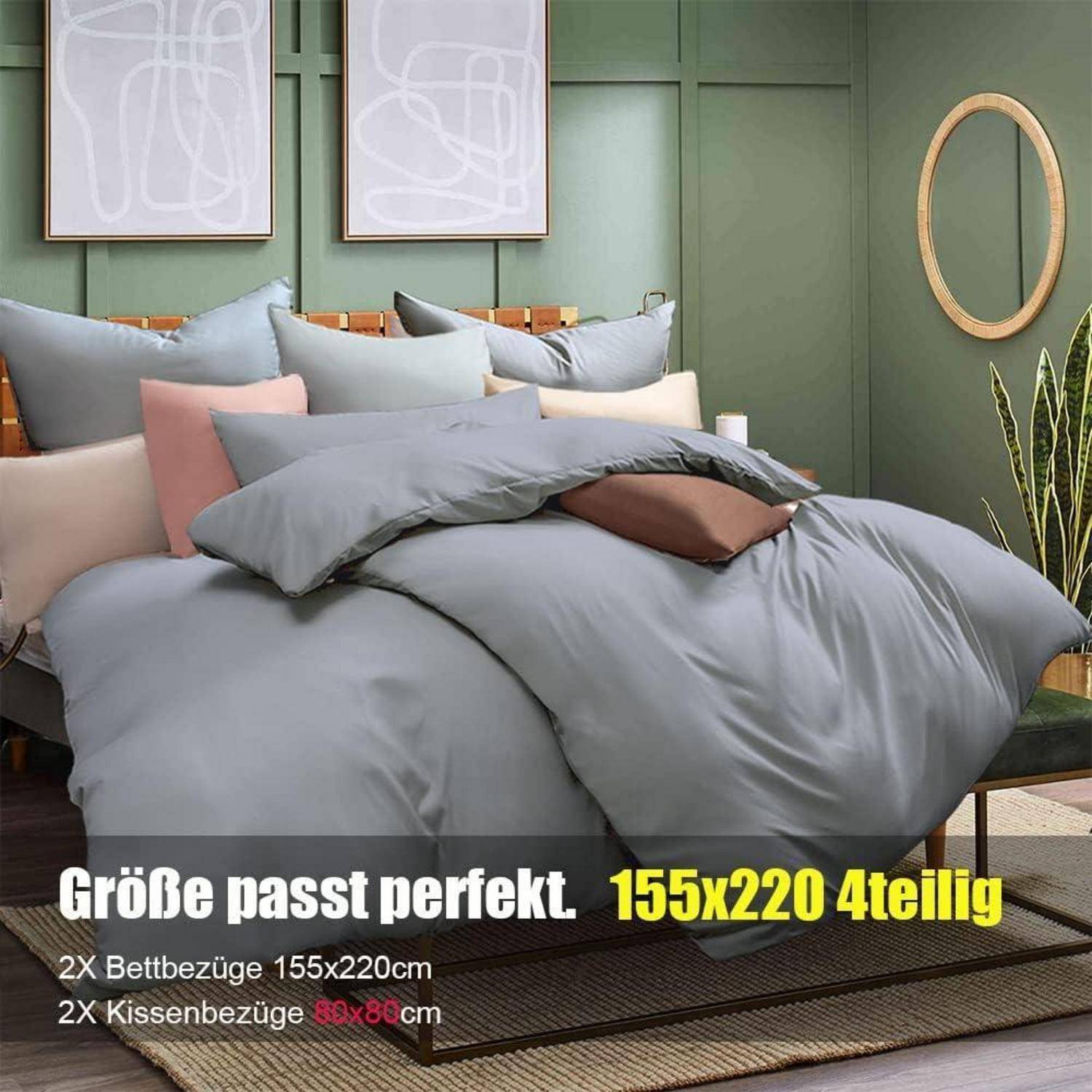 Bettwäsche 155x220 Grau 4-teilig Mikrofaser Reißverschluss Weich