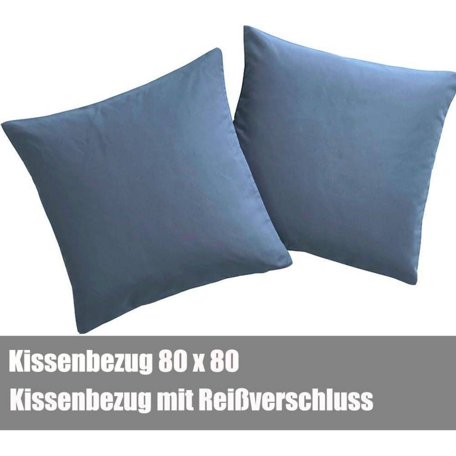Zwei graue Kissenbezüge mit Reißverschluss, mit der Beschriftung 'Kissenbezug 80 x 80 Kissenbezug mit Reißverschluss' unter dem Bild.