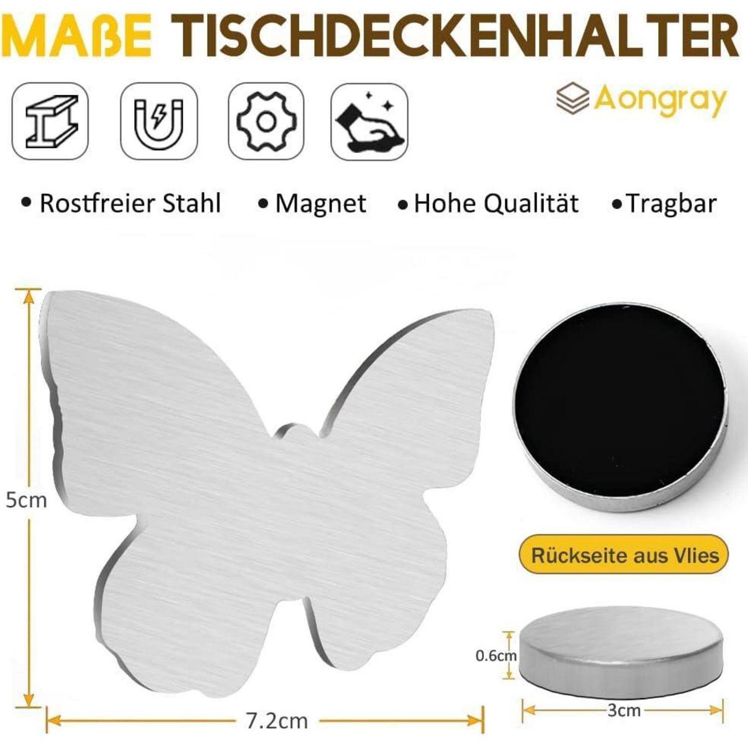 Ein silberner, schmetterlingsförmiger Tischdeckenhalter wird gezeigt, mit Abmessungen von 5 cm Höhe, 7,2 cm Breite und 0,6 cm Dicke. Aus Edelstahl gefertigt, magnetisch, mit der Beschriftung 