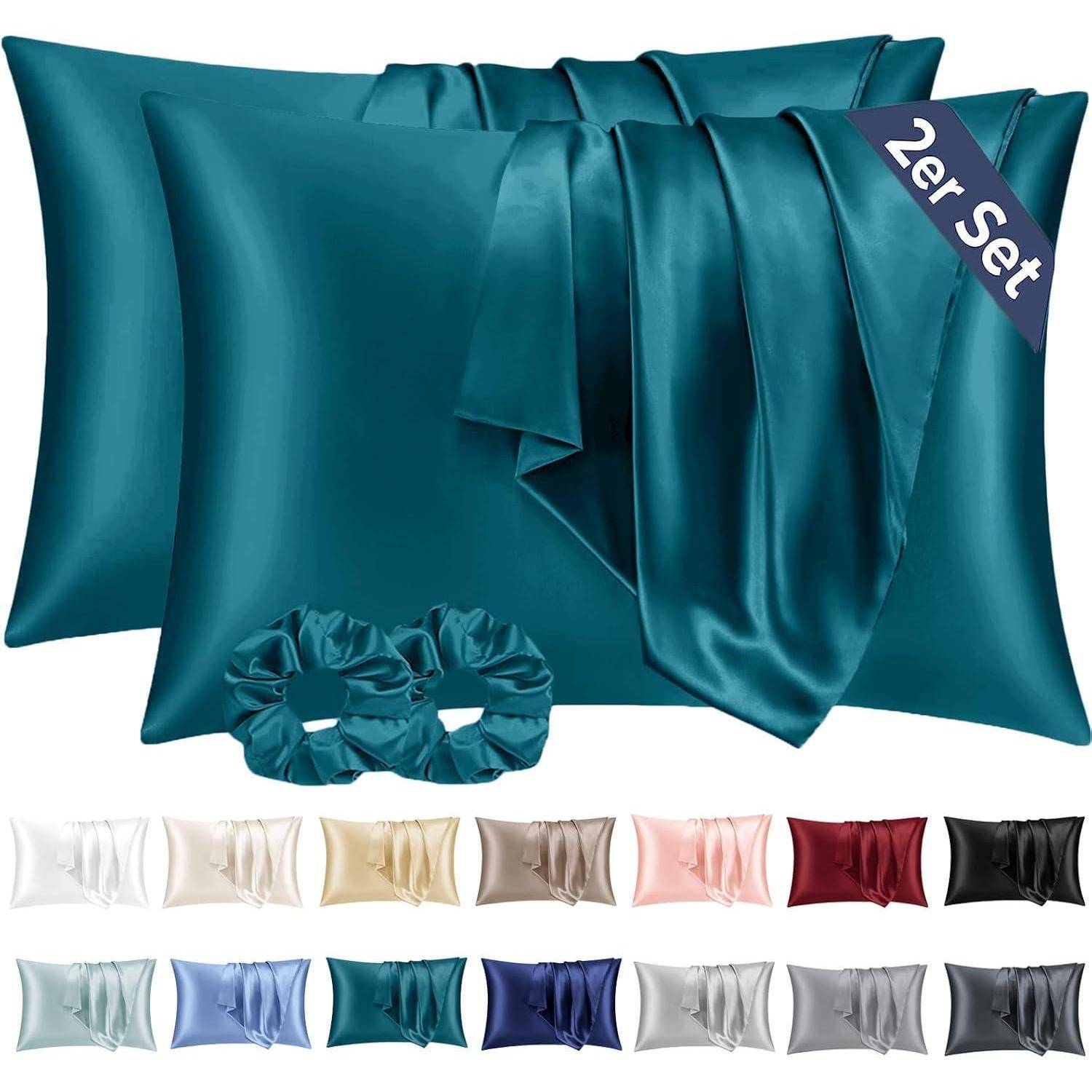 Teal seidener Kissenbezugs-Set mit zwei Kissenbezügen, einem Bettlaken und zwei passenden Haargummis. Mit Farboptionen unten dargestellt.