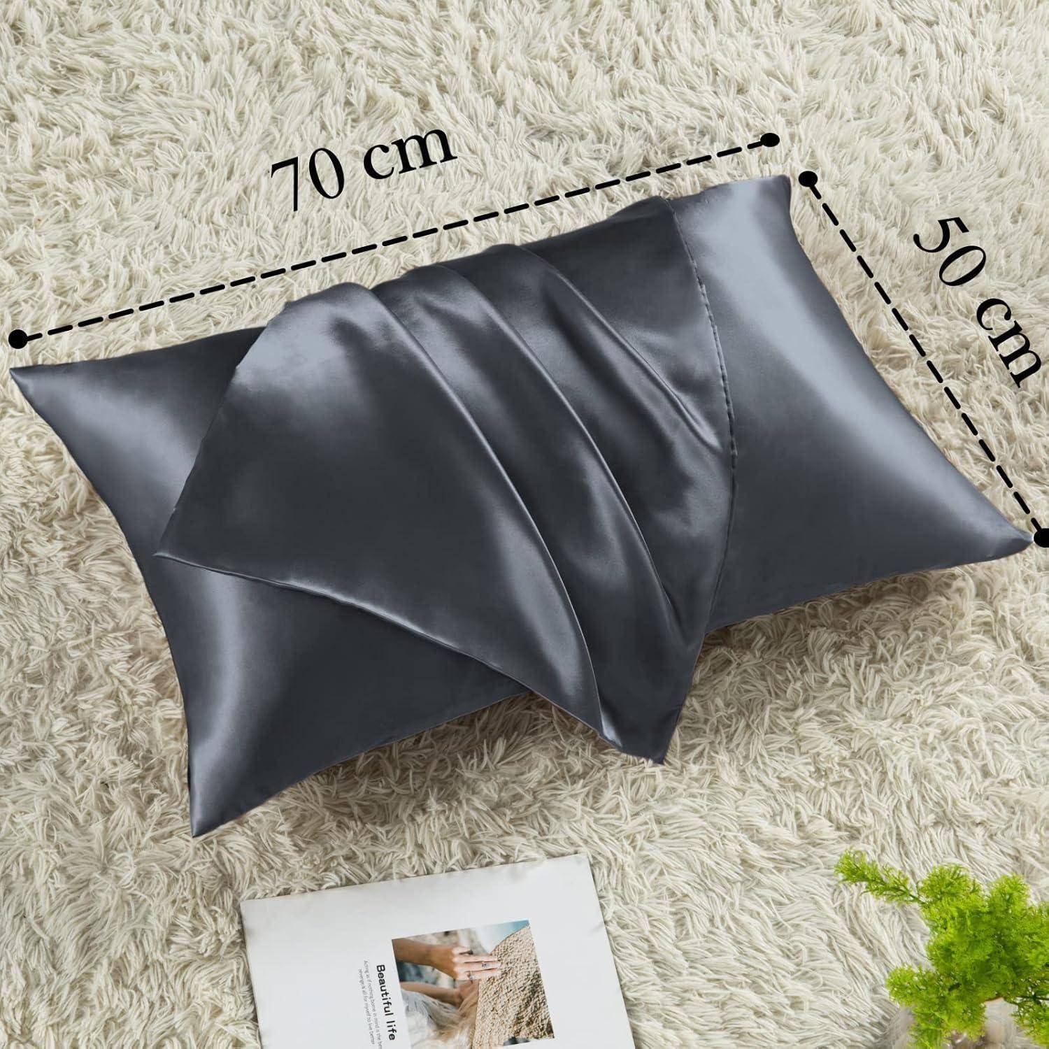 Satin Kissenbezug 50x70 Dunkelgrau 2er Set Haargummis Glatt Weich