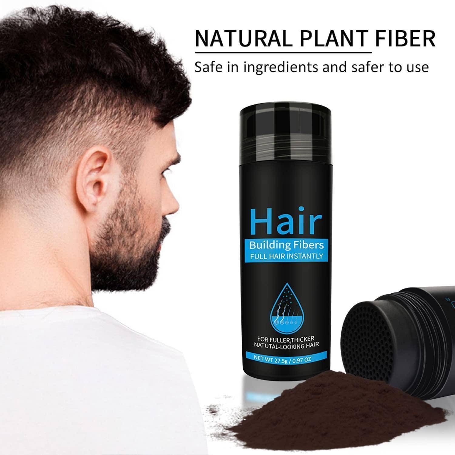 Ein Mann mit lichter werdendem Haar wird neben einem Produkt mit der Aufschrift „Haar-Aufbau-Fasern