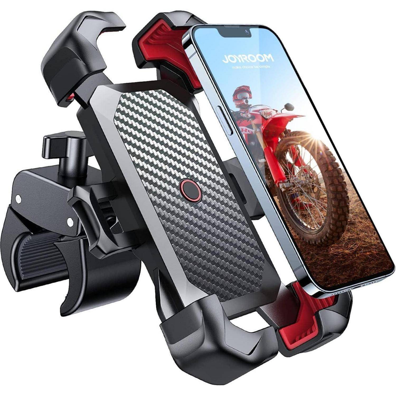 Ein Smartphone-Halterung für Motorräder zeigt ein montiertes Telefon mit einem Bild eines roten Motocross-Motorrads und unterstreicht den sicheren Halt des Halters.