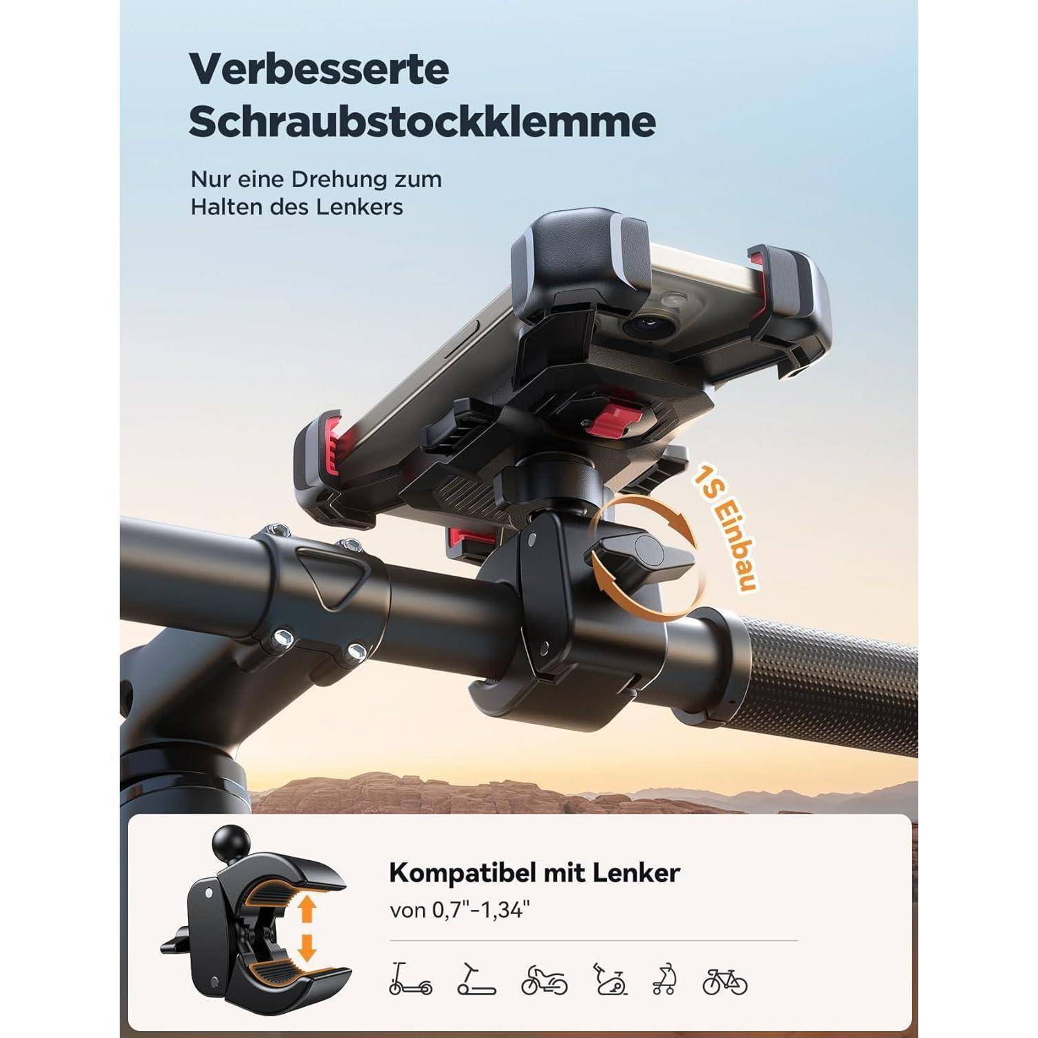 Ein Smartphone wird mithilfe einer verbesserten Klemme am Fahrradlenker montiert, was eine einfache Installation ermöglicht. Kompatibel mit Lenkern von 0,7
